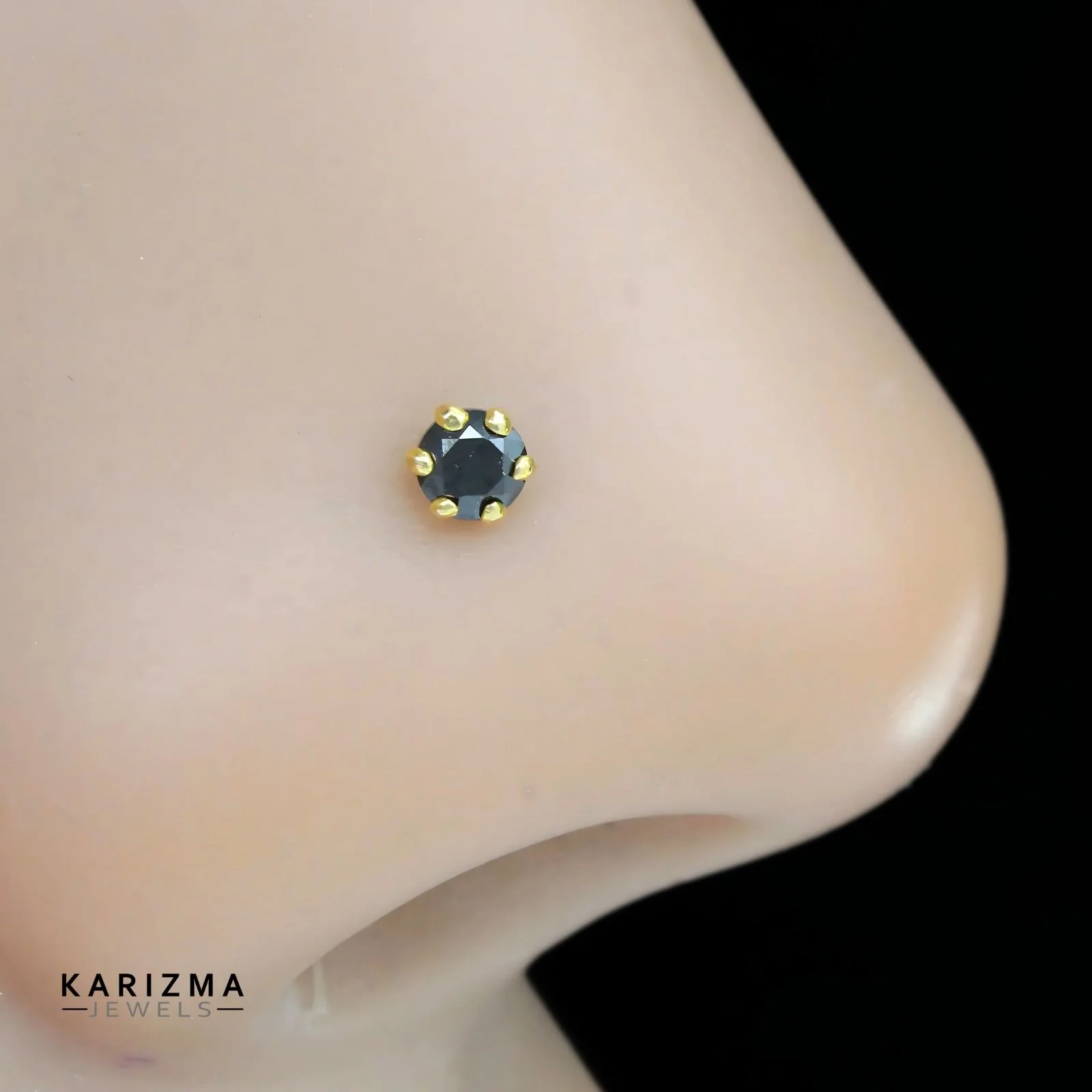 14K Real Gold Indian Women Round Black CZ daily wear Nose stud nose ring Push Pin - Image 2