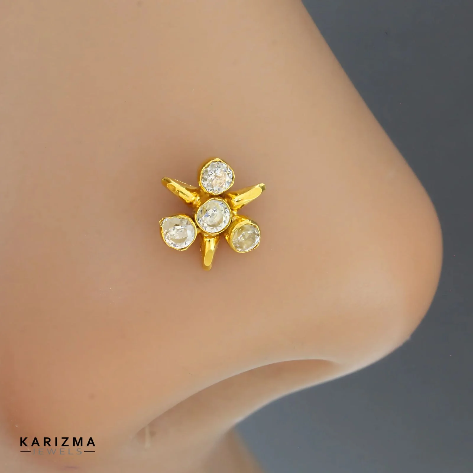 14K Real Gold Women White CZ Star style daily wear Nose stud nose ring Push Pin - Image 2