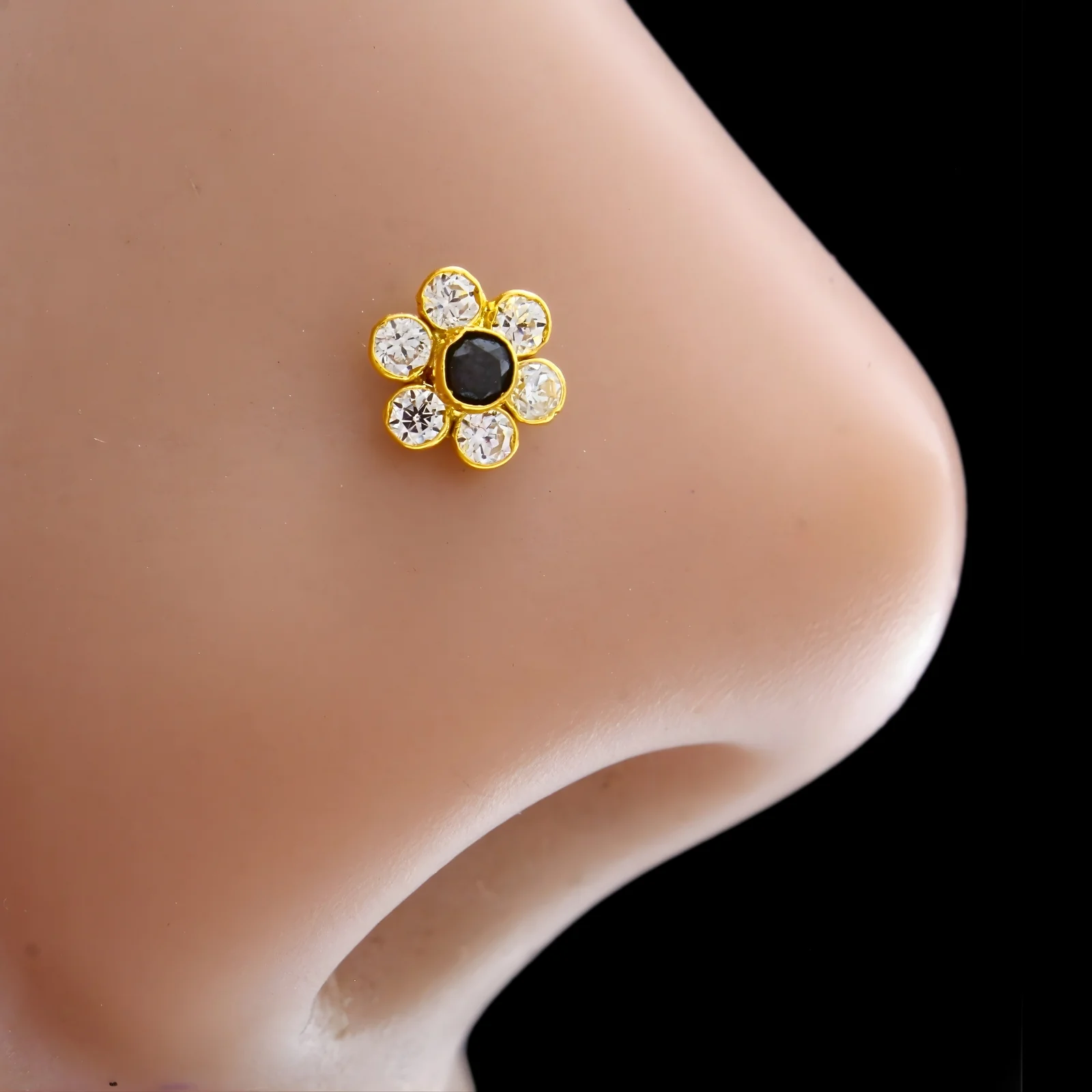 18K Real Gold Black and White CZ Flower Nose Stud