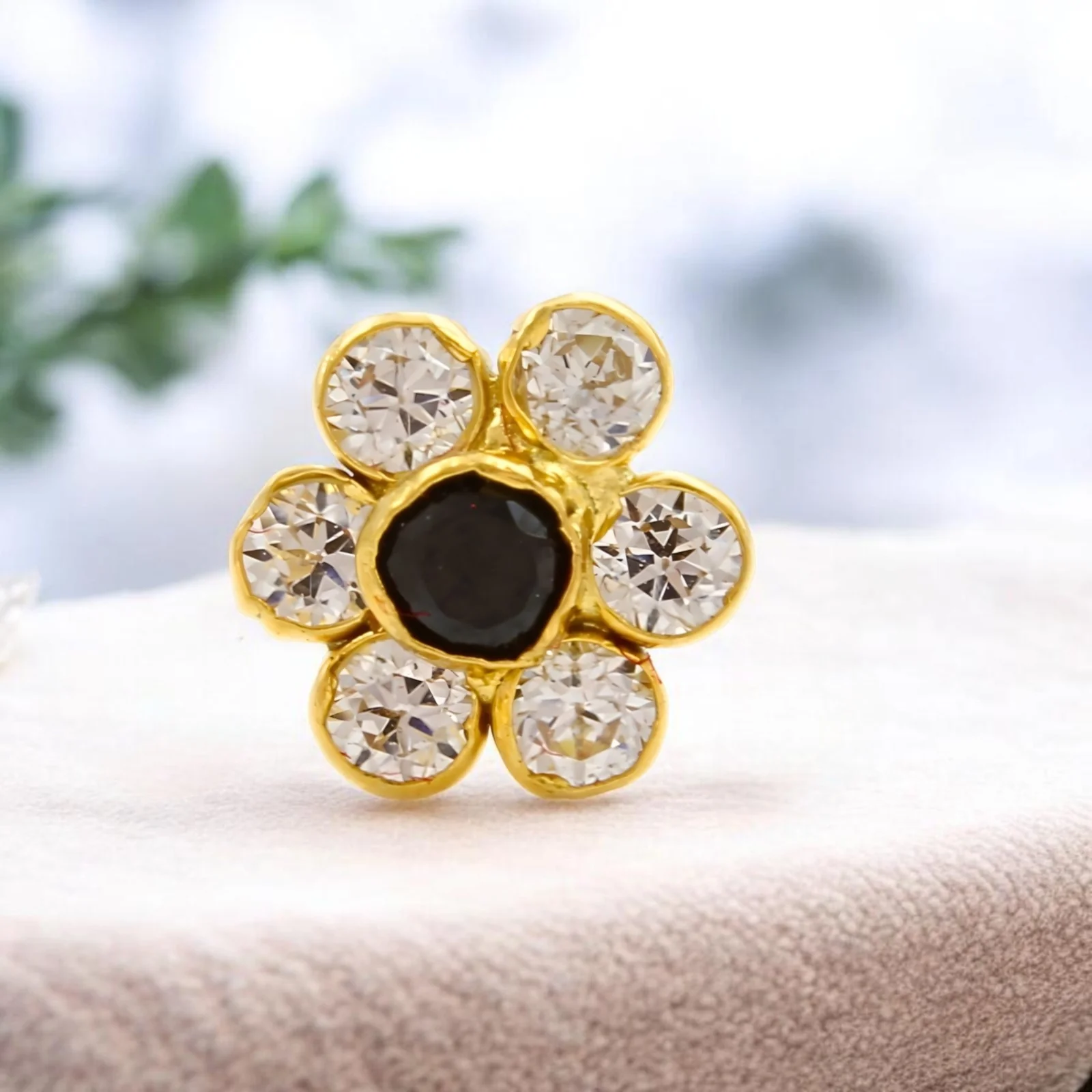 18K Real Gold Black and White CZ Flower Nose Stud - Image 2