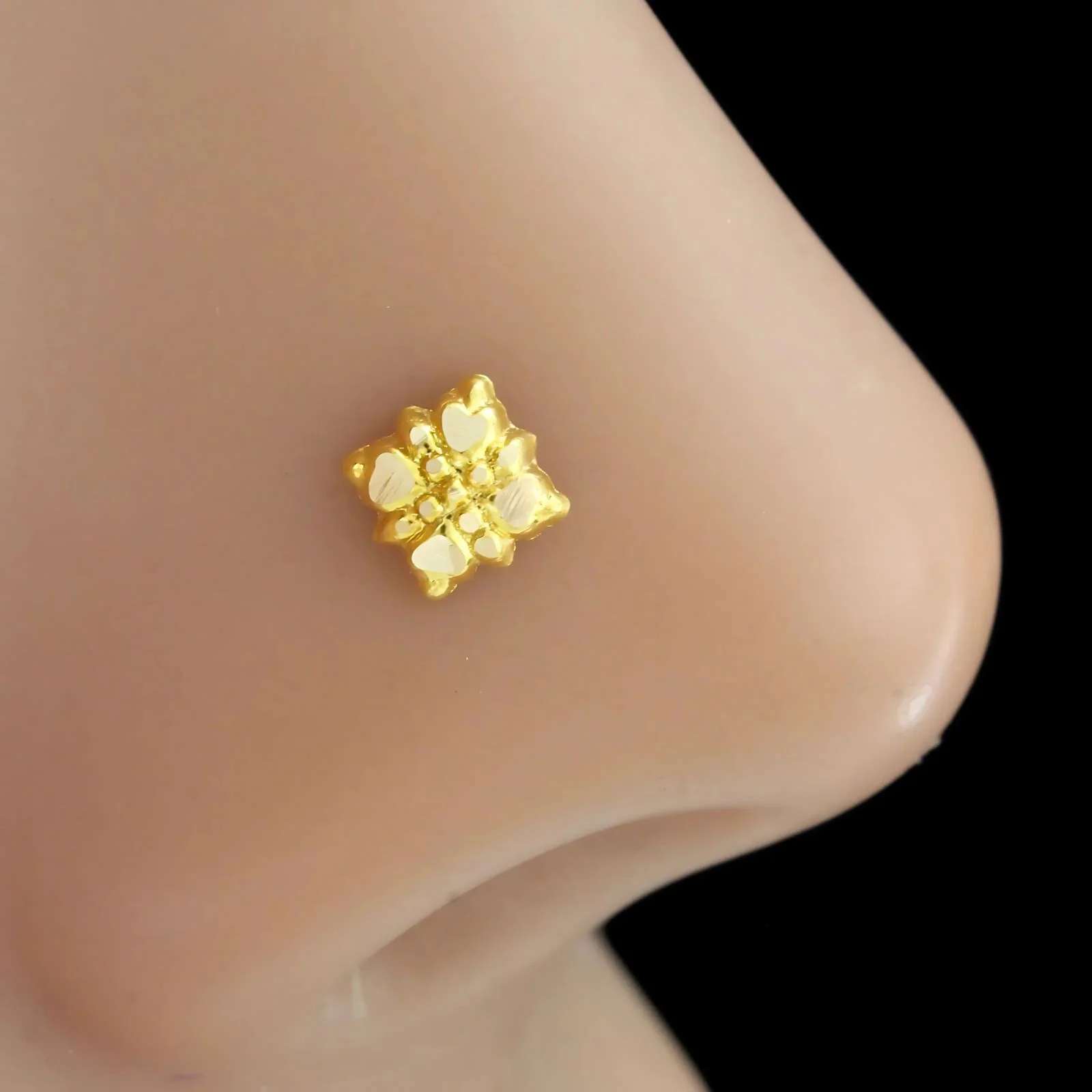 18K Real Gold floral square Nose stud nose ring Push Pin - Image 2