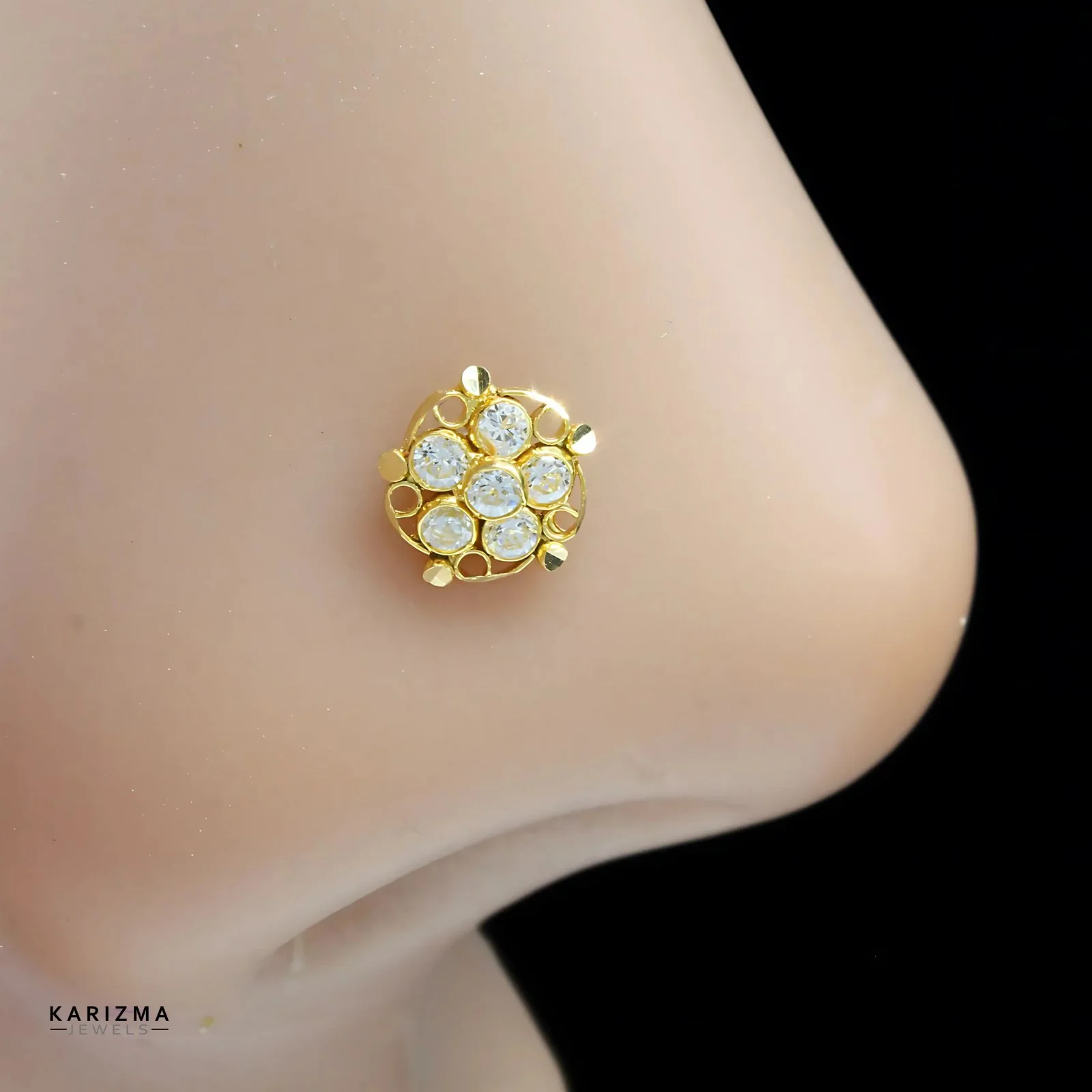 18K Real Gold Indian handmade Women White CZ Floral Nose stud nose ring Push Pin - Image 2