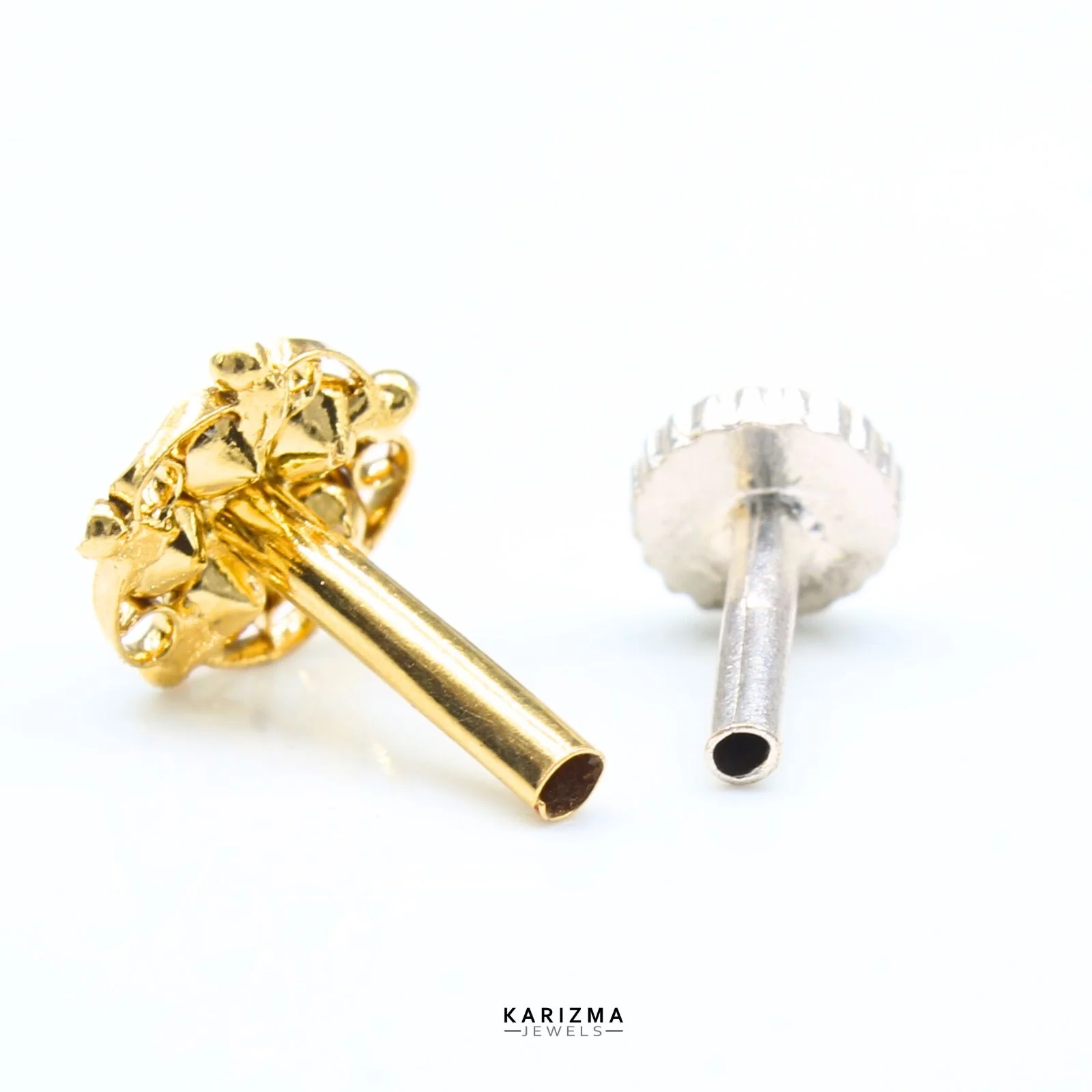 18K Real Gold Indian handmade Women White CZ Floral Nose stud nose ring Push Pin - Image 4
