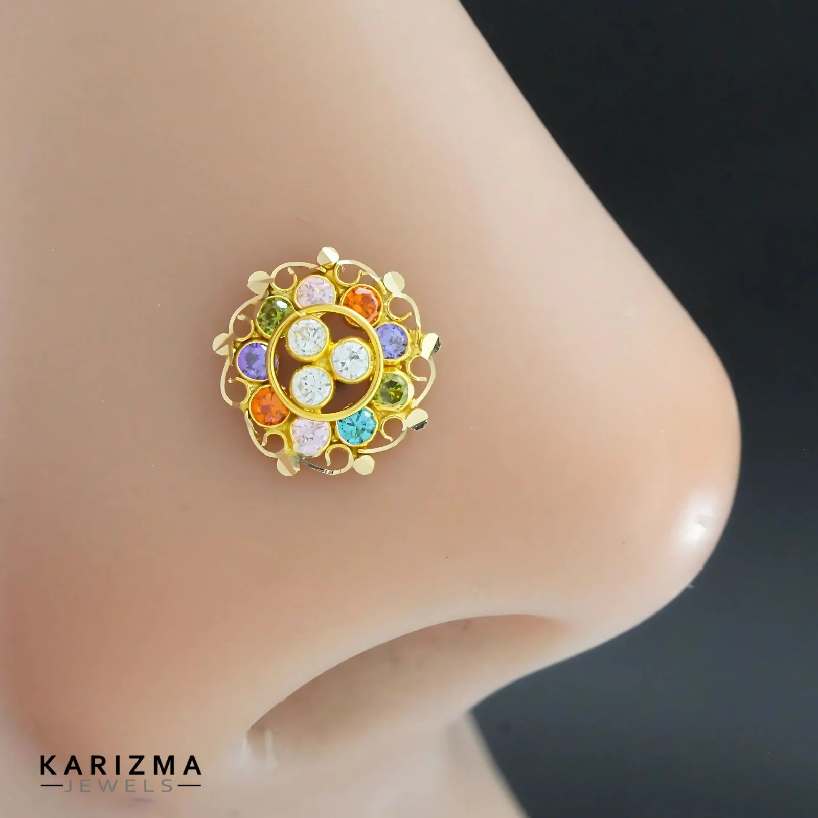 18K Real Gold Indian Women Multicolour CZ amazing Nose stud nose ring Push Pin - Image 2