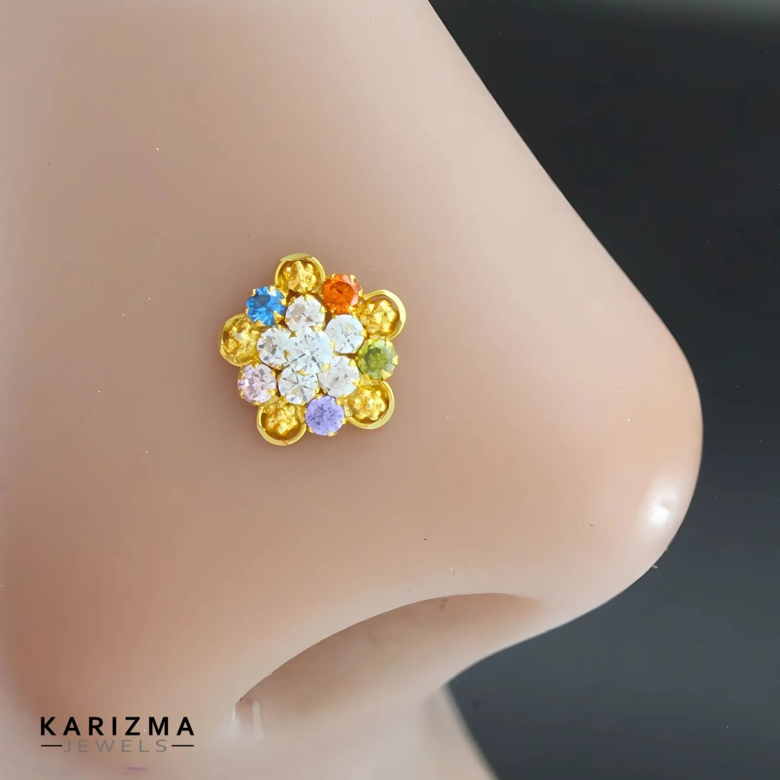 18K Real Gold Indian Women Multicolour CZ Excellent gifting Nose stud nose ring Push Pin - Image 2