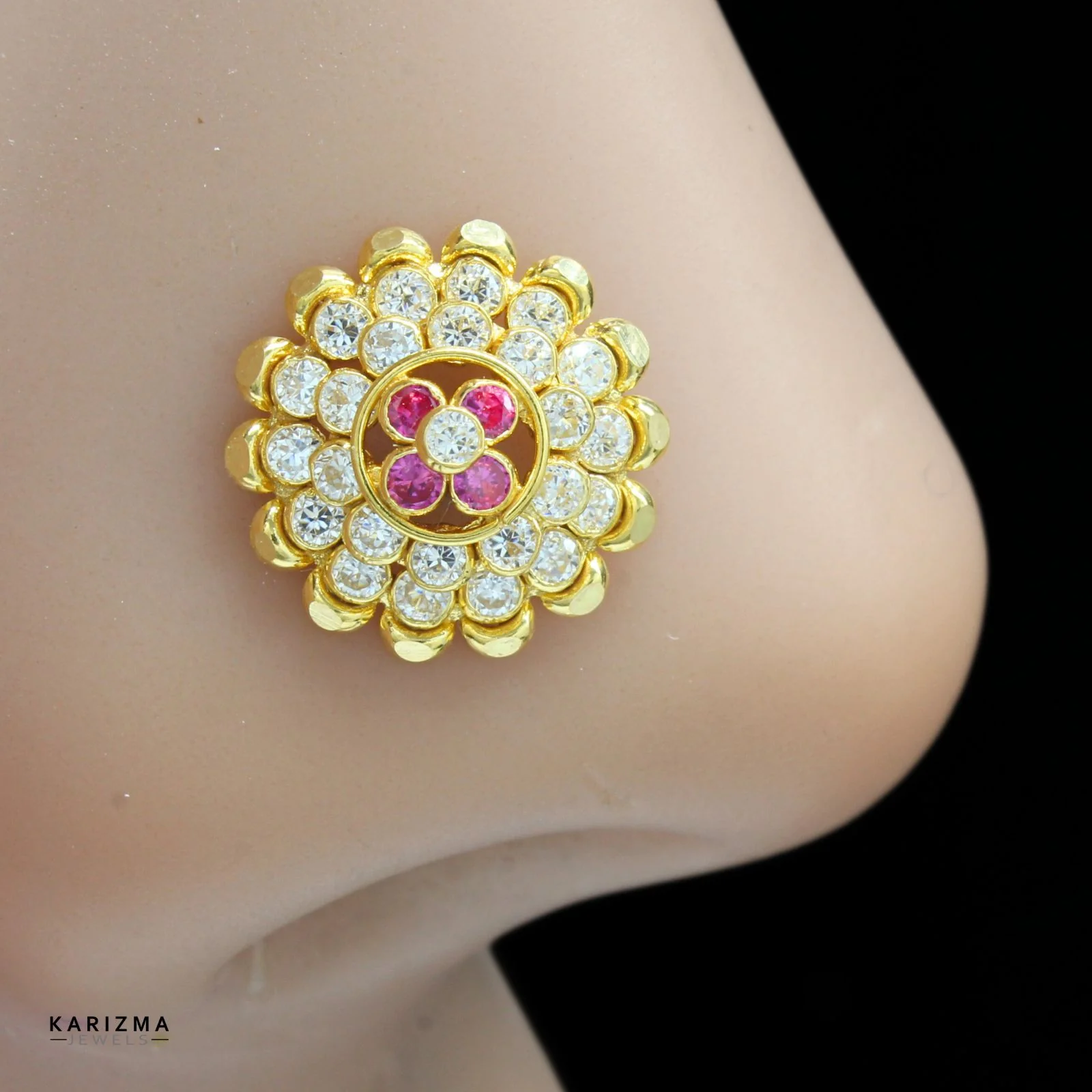 18K Real Gold Indian Women Pink White CZ amazing Bride Nose stud nose ring Push Pin - Image 2
