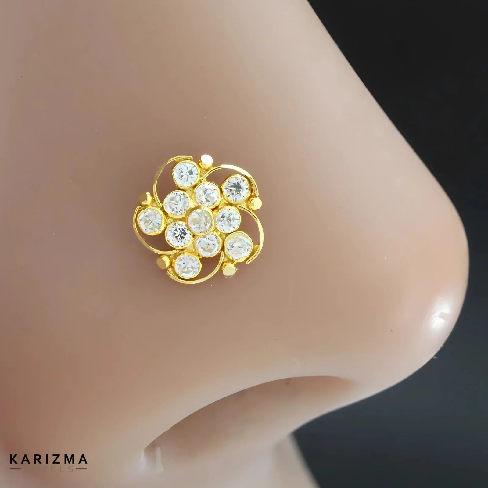 18K Real Gold Indian Women White CZ floral design Nose stud nose ring Push Pin - Image 2