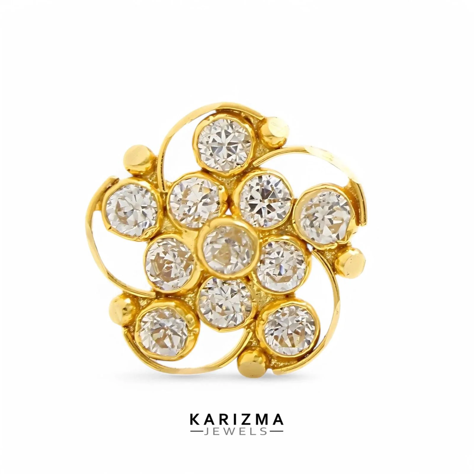18K Real Gold Indian Women White CZ floral design Nose stud nose ring Push Pin - Image 3