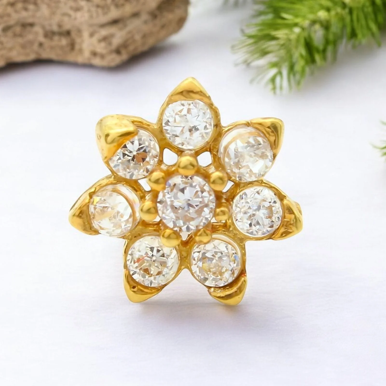 18K Real Gold Indian Women White CZ Flower Nose stud nose ring Push Pin
