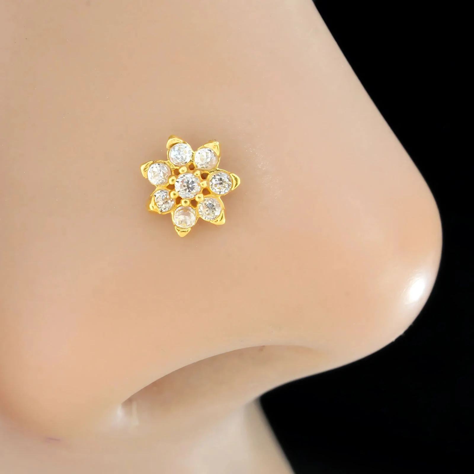 18K Real Gold Indian Women White CZ Flower Nose stud nose ring Push Pin - Image 2