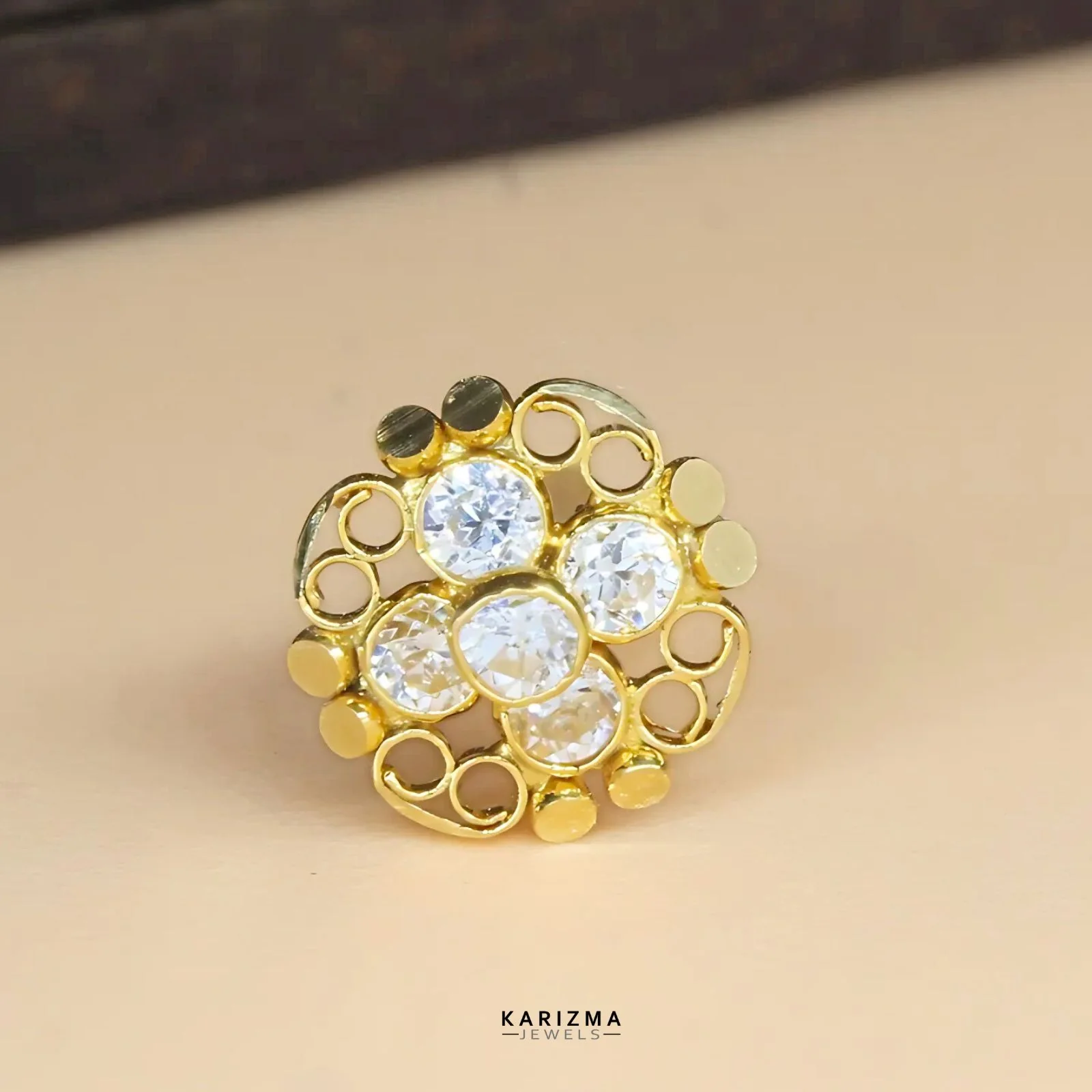18K Real Gold Indian Women White CZ gorgeous floral style Nose stud nose ring Push Pin