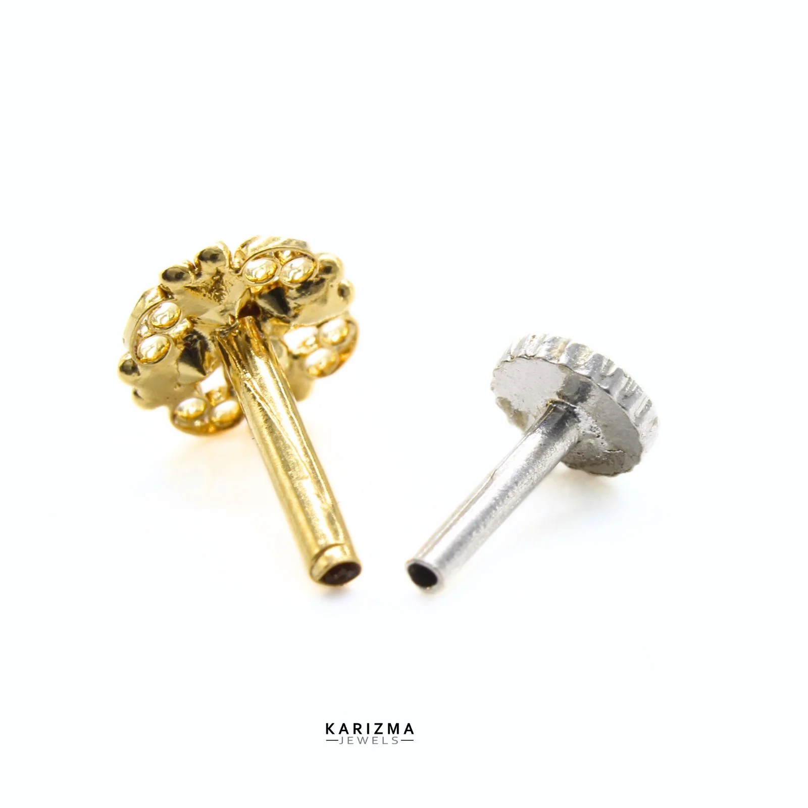 18K Real Gold Indian Women White CZ gorgeous floral style Nose stud nose ring Push Pin - Image 4