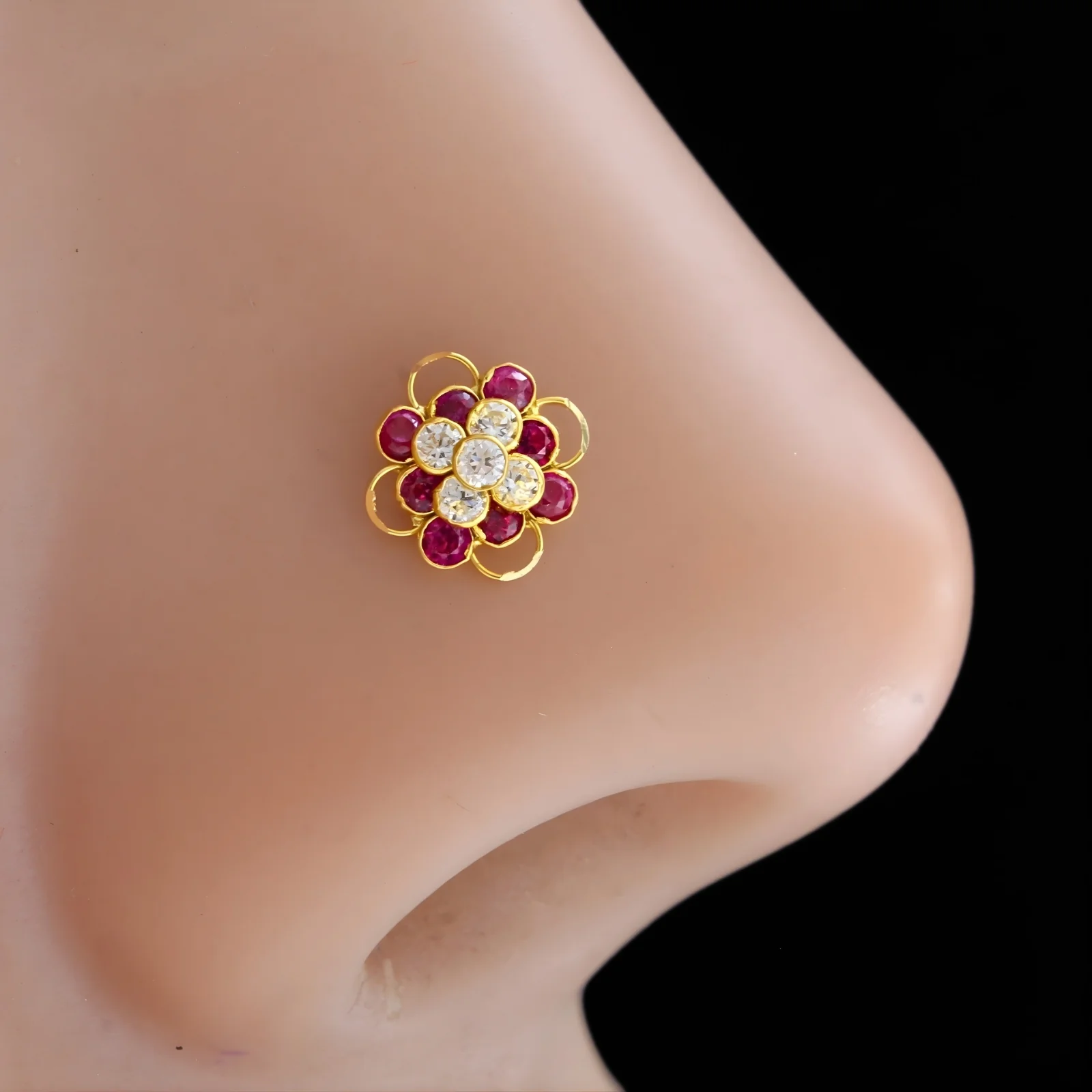 18K Real Gold Pink White CZ Cluster Nose stud nose ring Push Pin