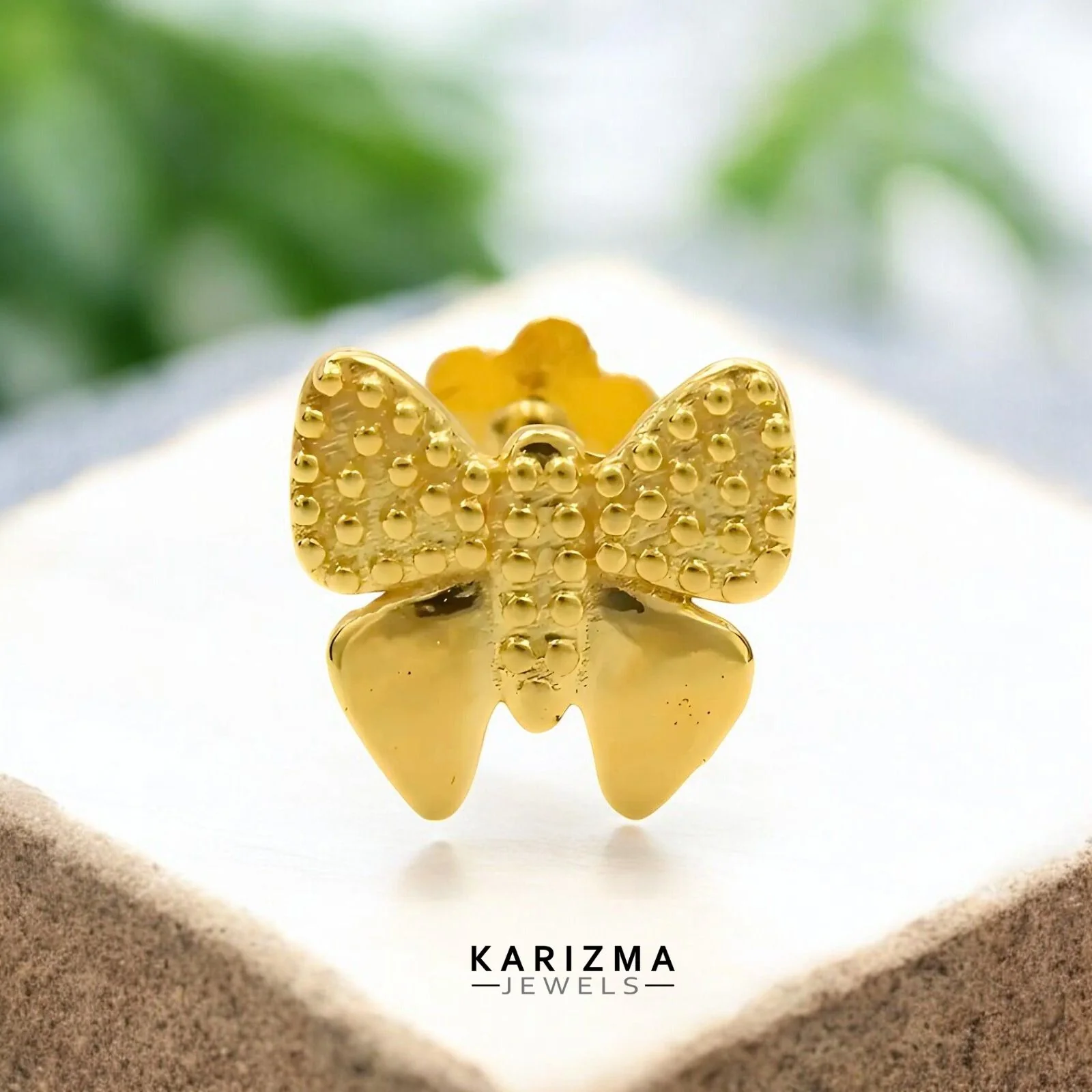 18K Real Gold pretty Butterfly Two in One Nose stud cum Earring  Gold Screw Back - Image 2