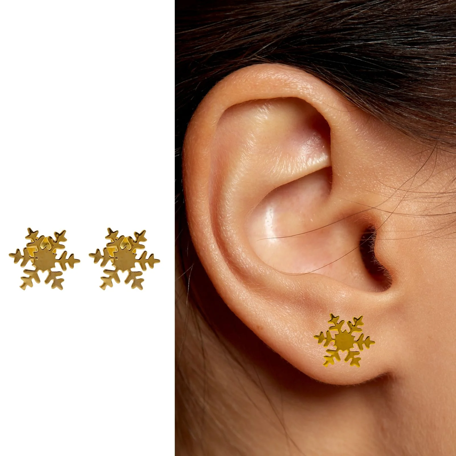18K Real Gold women Snowflake Nose stud cum Earring Gold Screw Back - Image 6