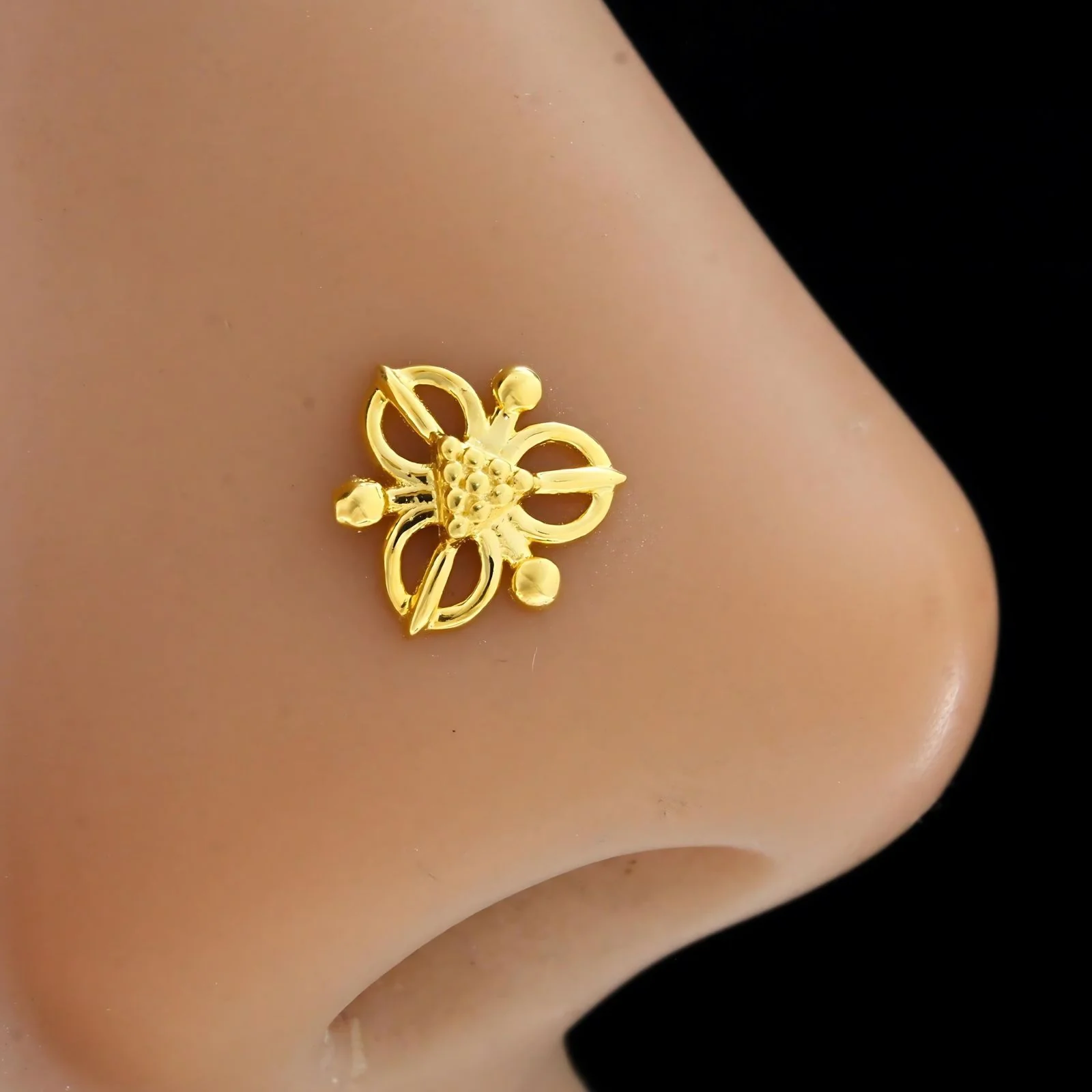 18K Real Gold women floral Nose stud cum Earring Gold Screw Back - Image 4