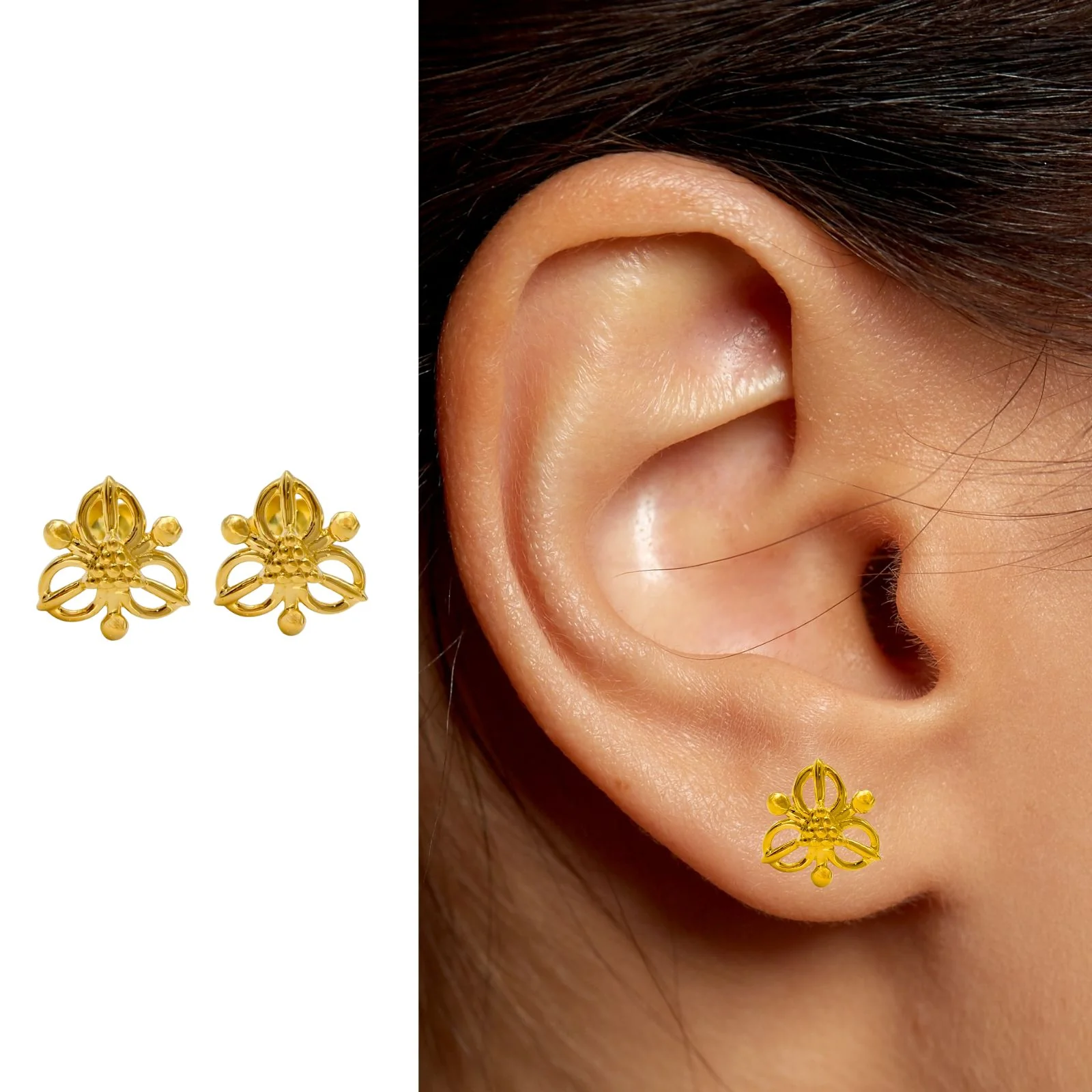 18K Real Gold women floral Nose stud cum Earring Gold Screw Back - Image 5