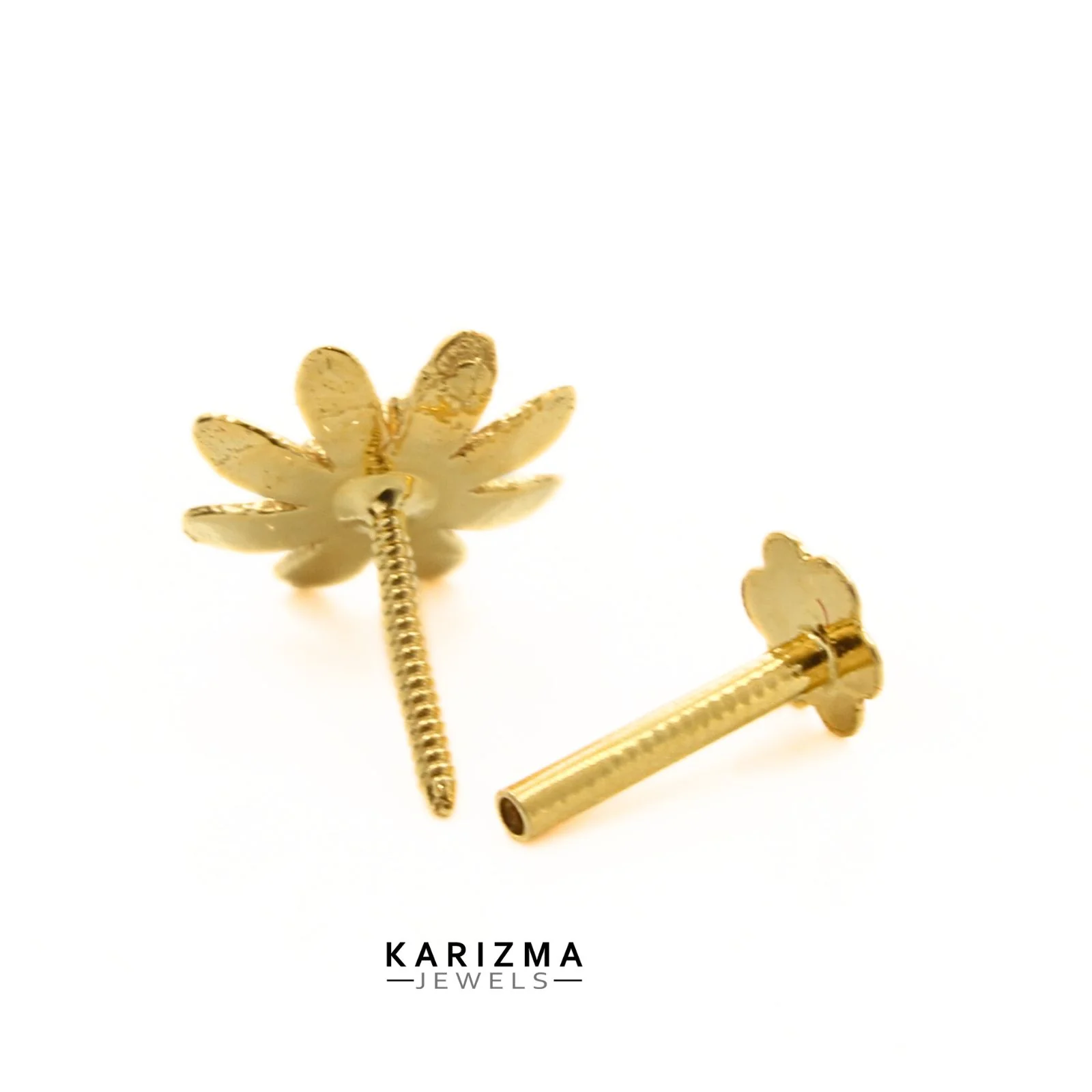 18K Real Solid Gold girlish floral Two in One Nose stud cum Earring Gold Screw Back - Image 5