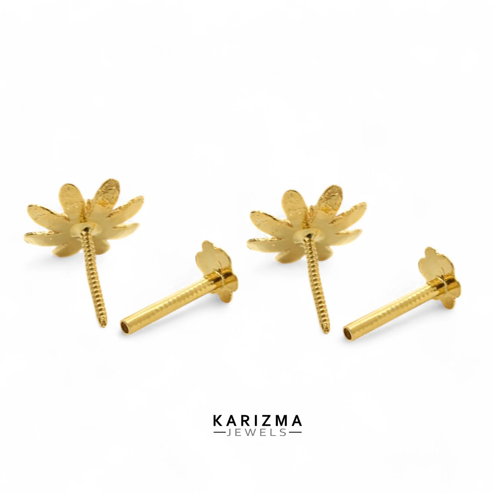 18K Real Solid Gold girlish floral Two in One Nose stud cum Earring Gold Screw Back - Image 6