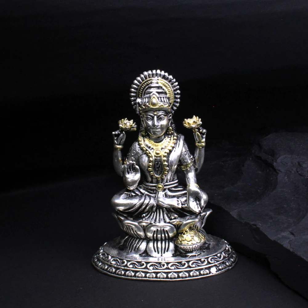 2D 925 Solid Sterling Silver Oxidized Laxmi Statue religious Diwali gift - Image 3