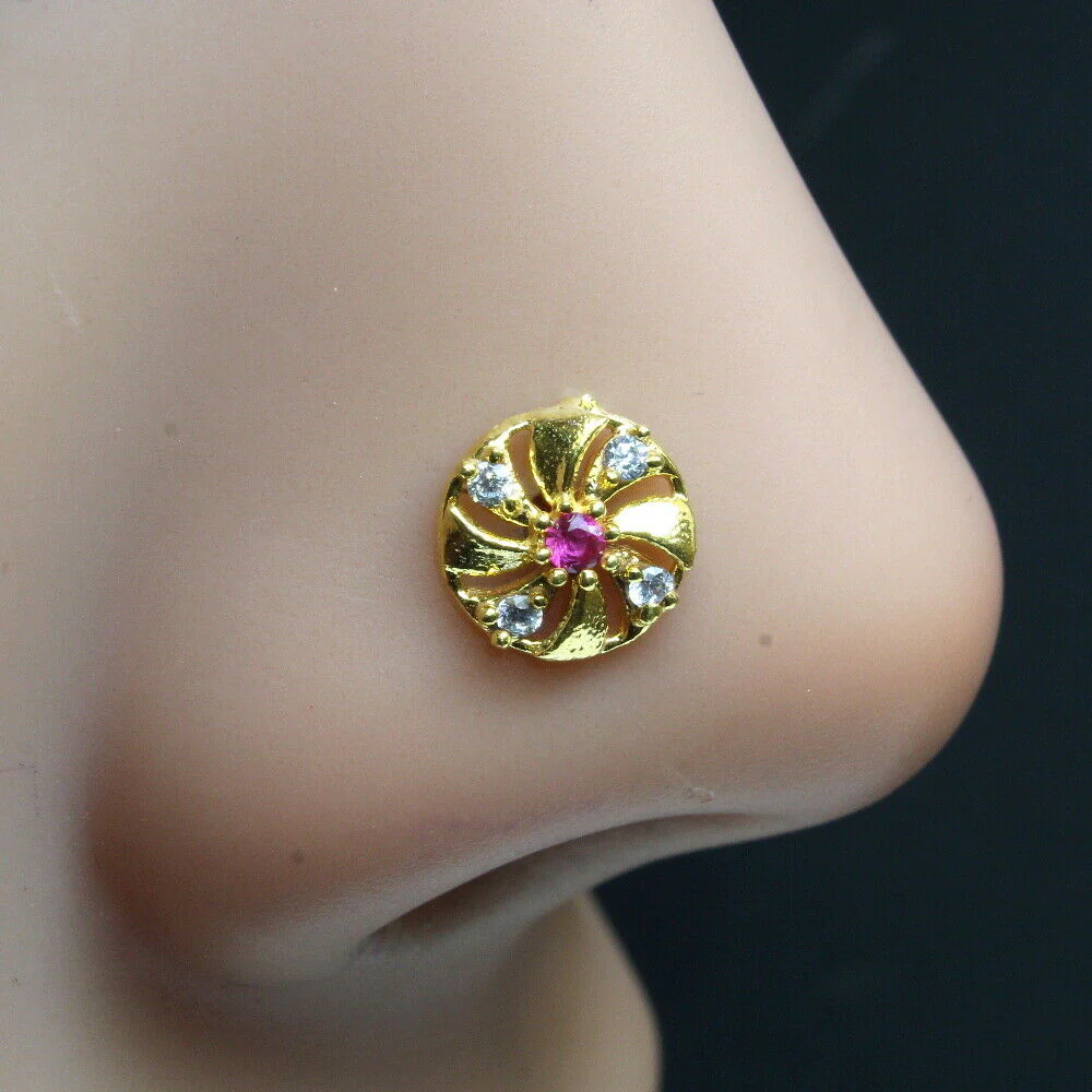 WHITE Pink Stone Floral Nose Pin