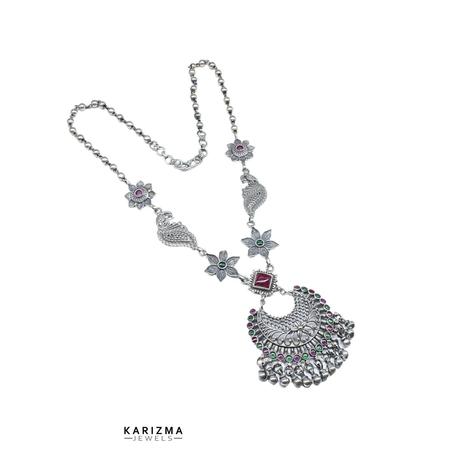 925 Indian Real Silver handmade Oxidized peacock style women floral Necklace 27" - Image 3