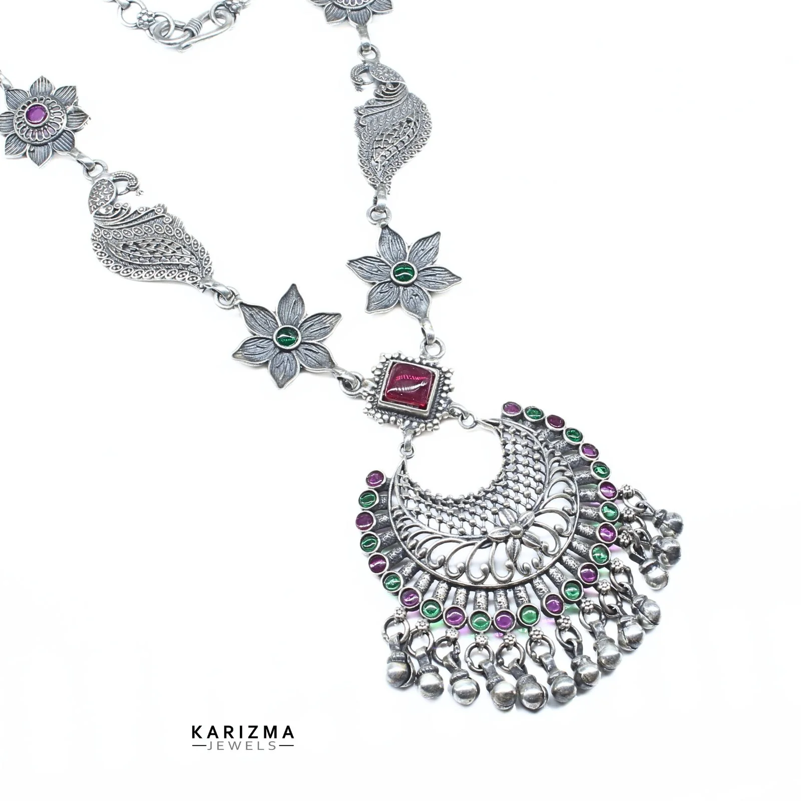 925 Indian Real Silver handmade Oxidized peacock style women floral Necklace 27" - Image 4
