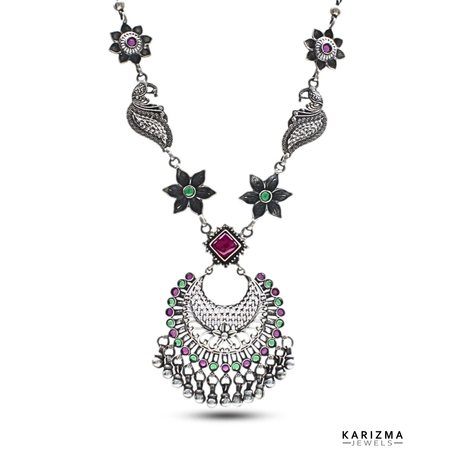 925 Indian Real Silver handmade Oxidized peacock style women floral Necklace 27" - Image 5
