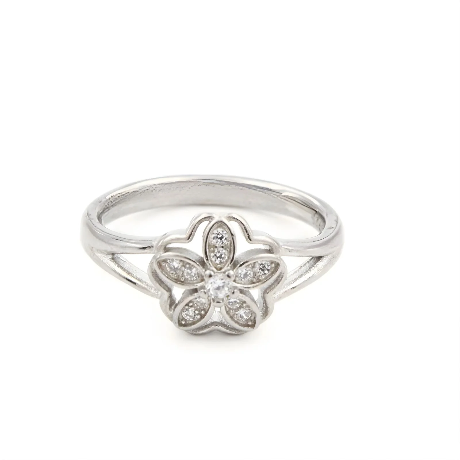 925 Real Silver Flower Ring White CZ Studded Platinum Finish - Image 3