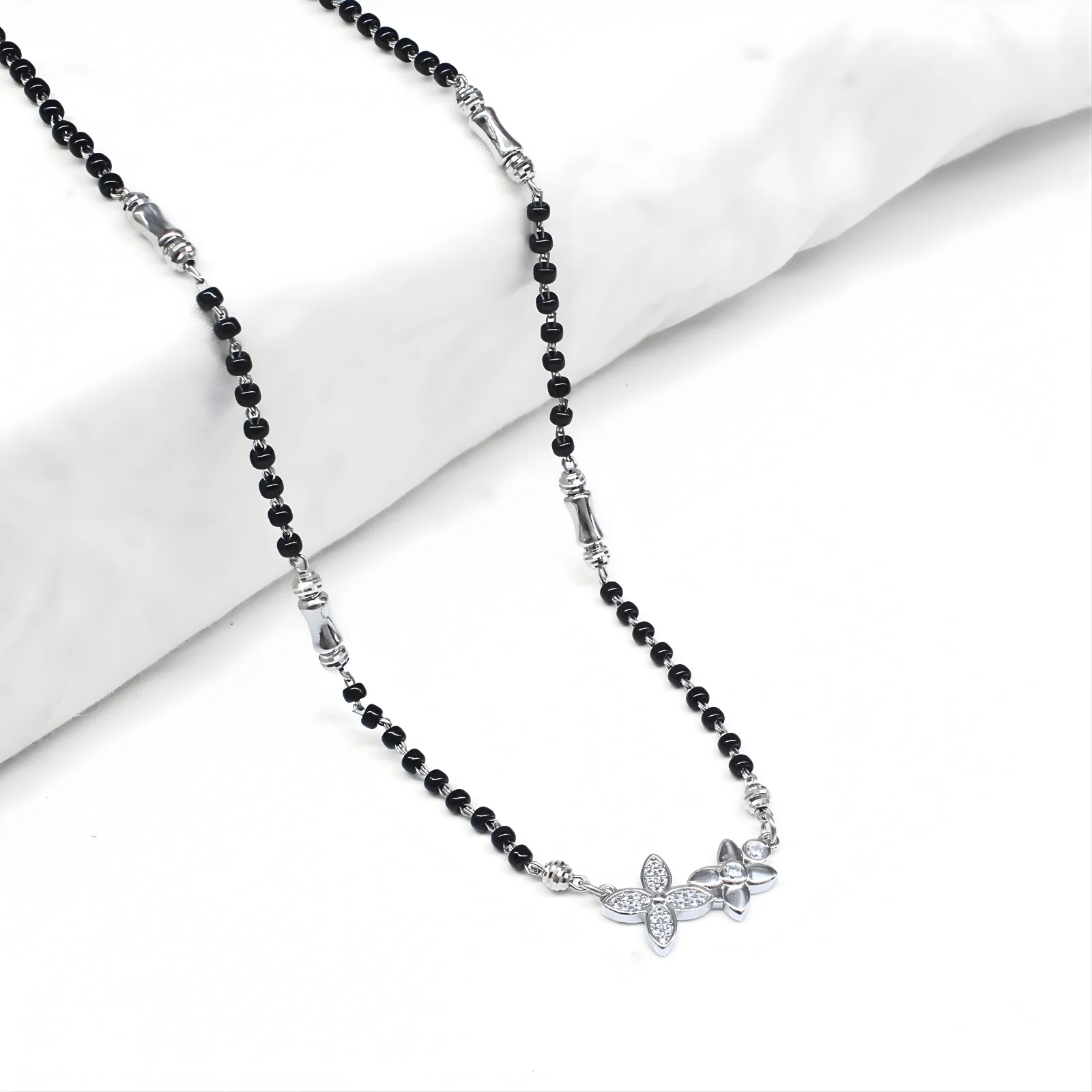 925 Real Sterling Silver Black Beads Flower CZ Mangalsutra women chain for wife