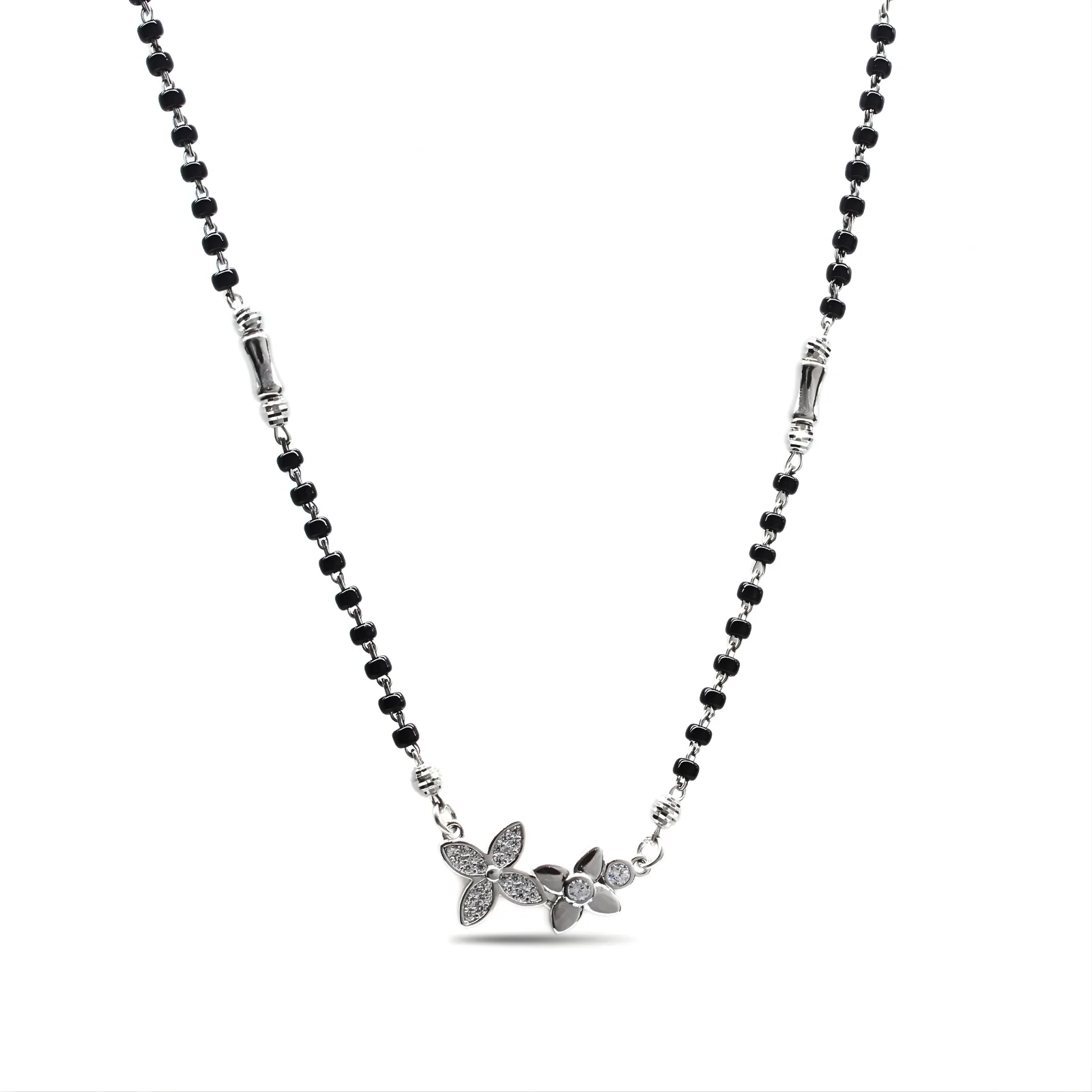 925 Real Sterling Silver Black Beads Flower CZ Mangalsutra women chain for wife - Image 2