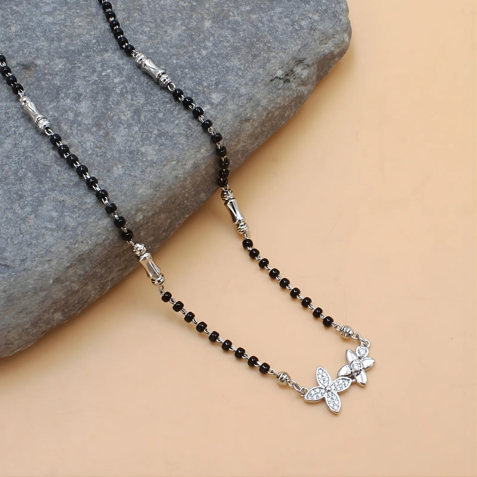 925 Real Sterling Silver Black Beads Flower CZ Mangalsutra women chain for wife - Image 4