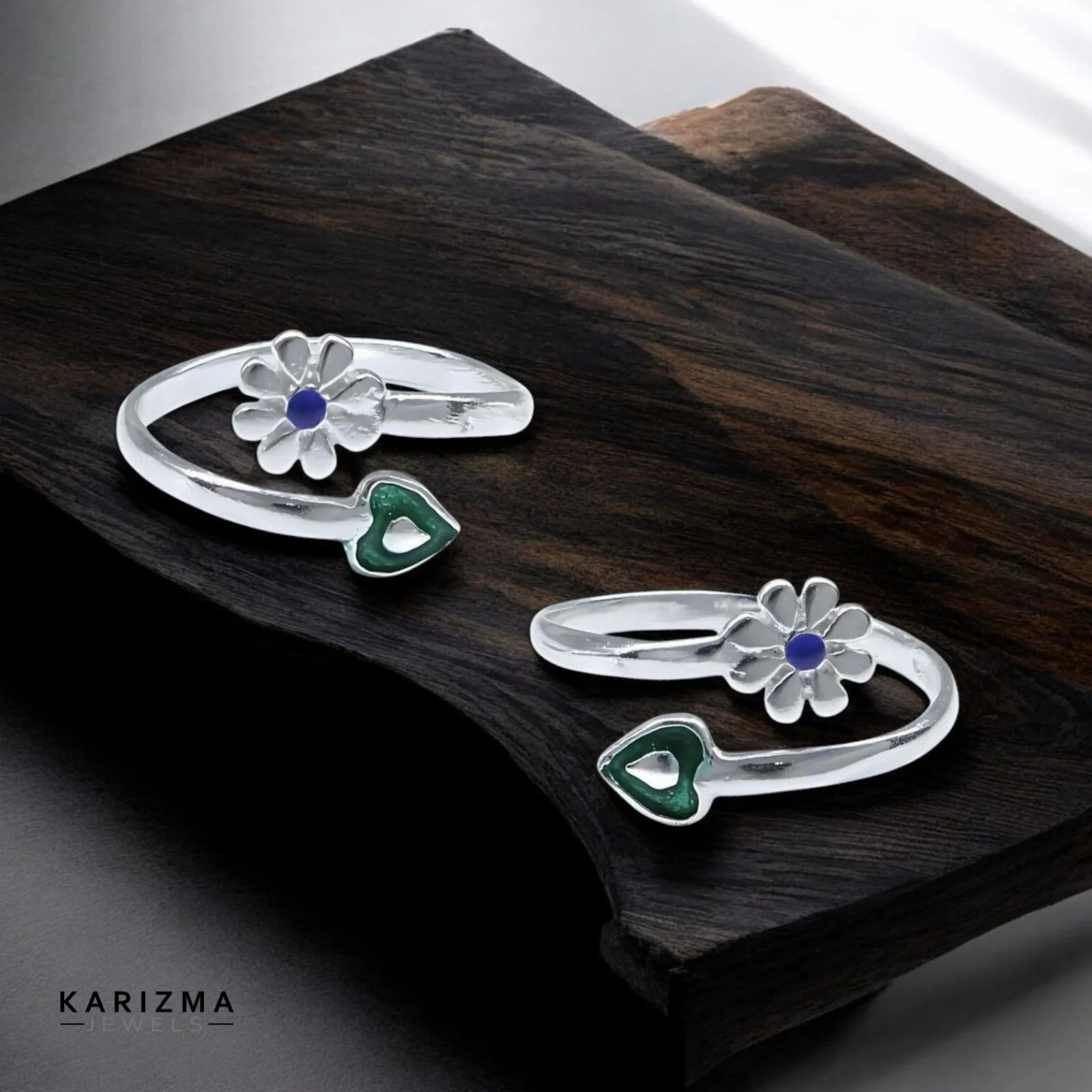 925 Real Sterling Silver Indian women Enamel Heart Floral style Toe Ring - Pair