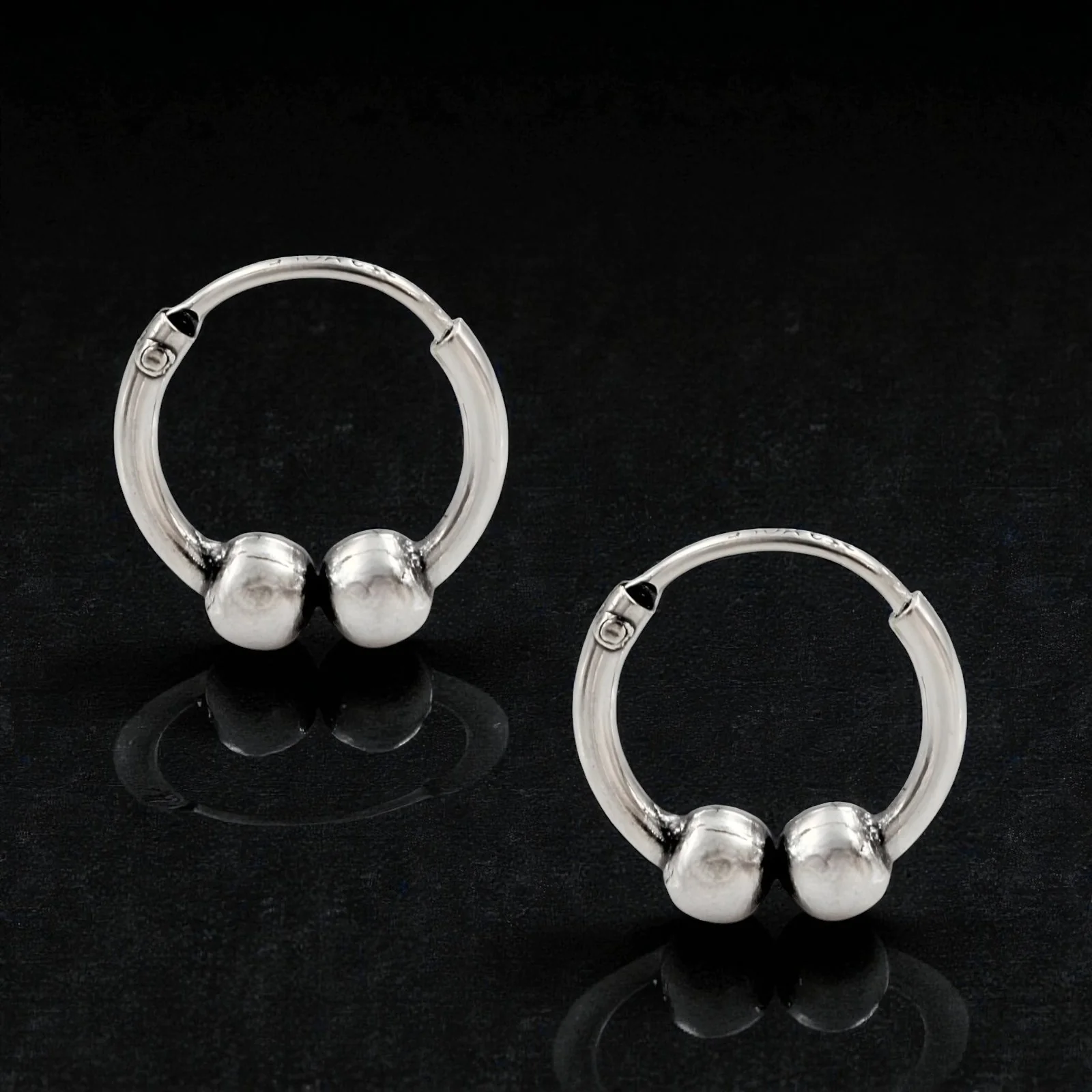 925 Real Sterling Silver Oxidized Double ball bali hoop earrings for Girls - Pair