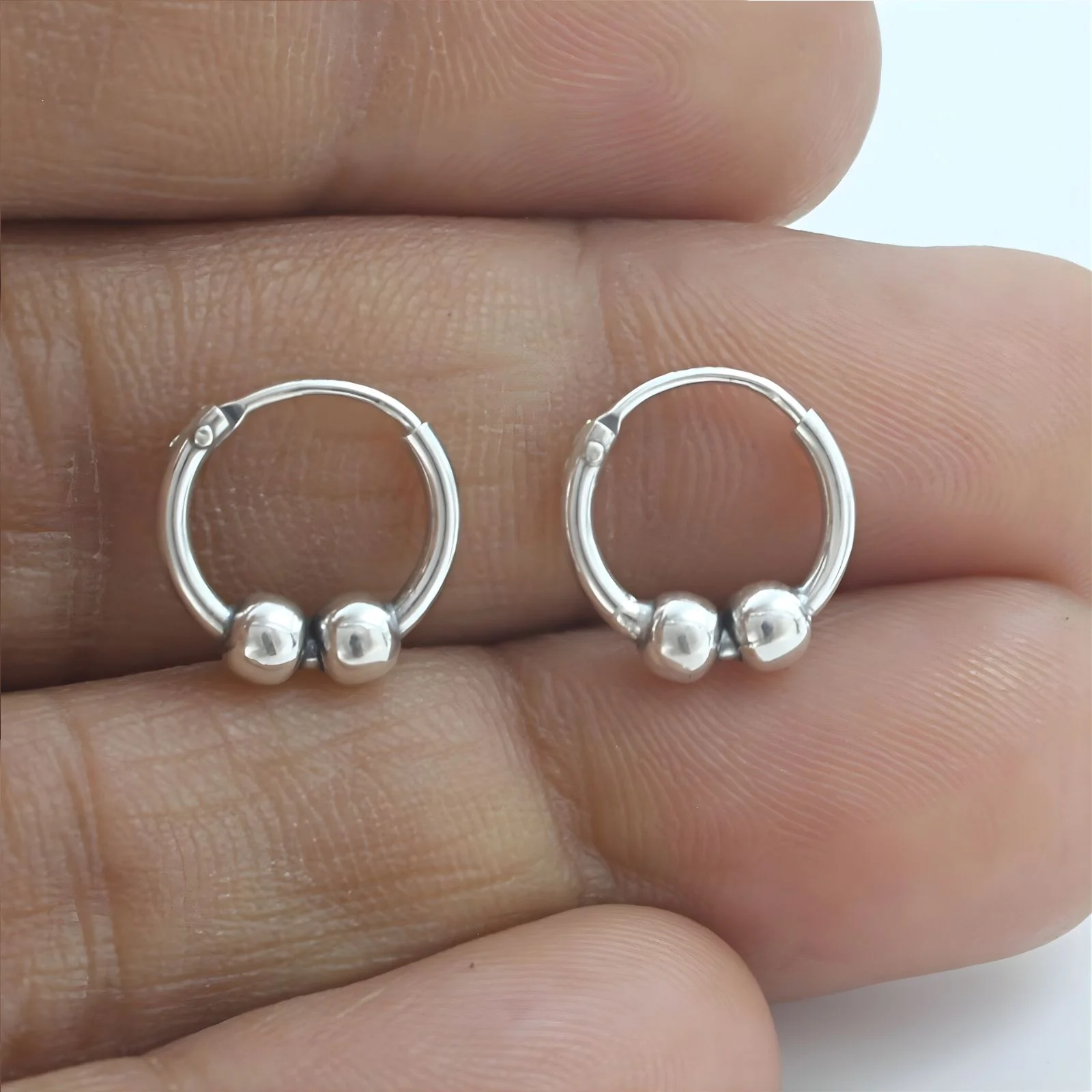 925 Real Sterling Silver Oxidized Double ball bali hoop earrings for Girls - Pair - Image 5