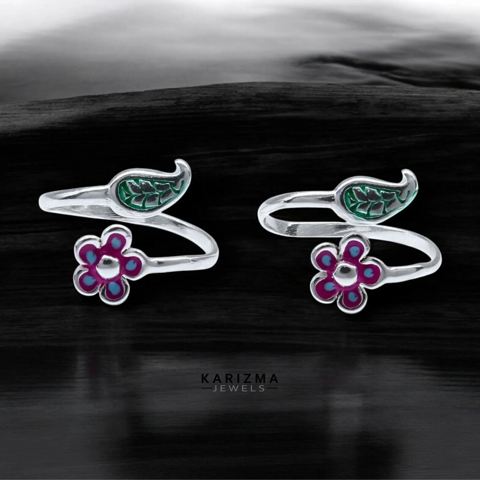 925 Real Sterling Silver women Adjustable Excellent Enamel Toe Ring - Pair