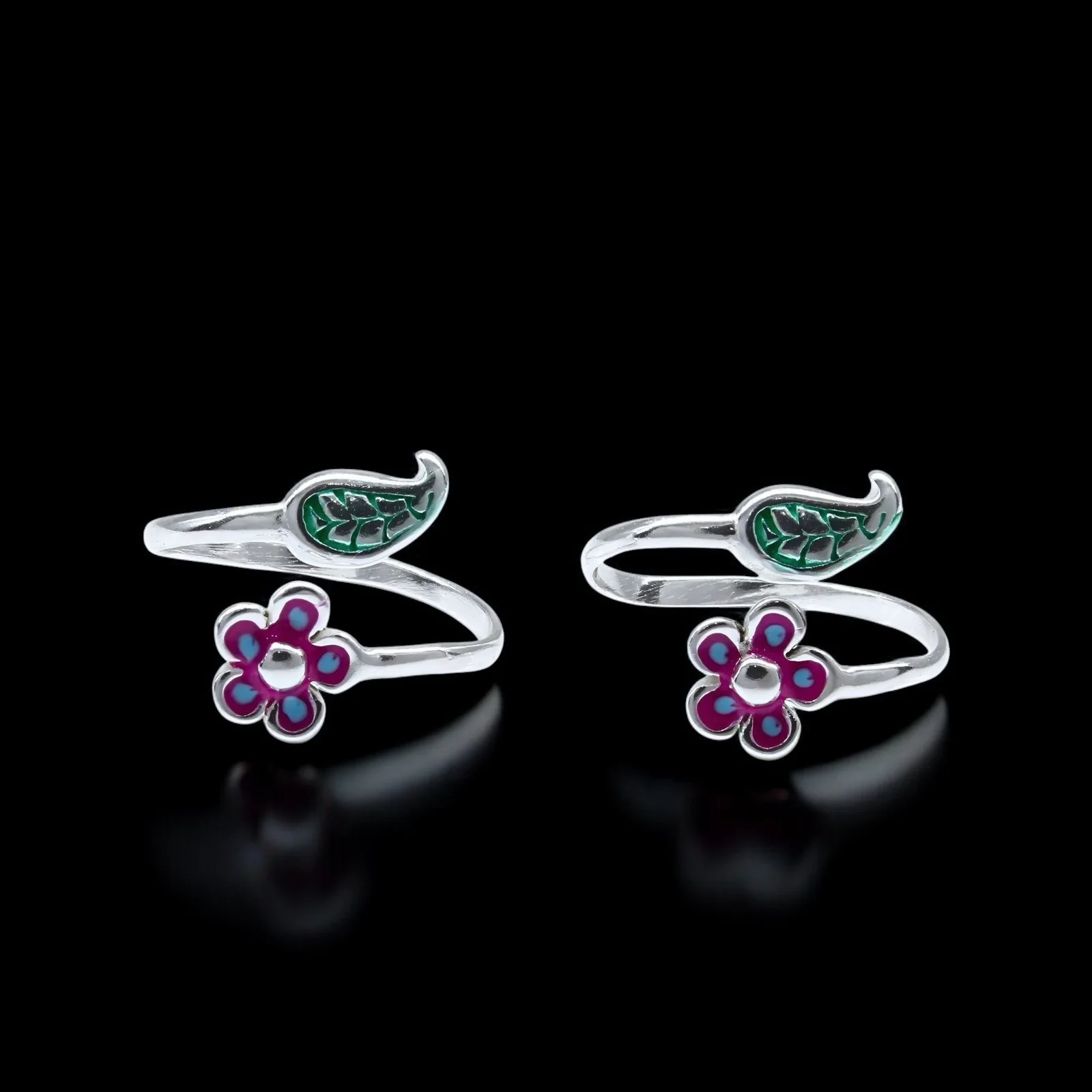 925 Real Sterling Silver women Adjustable Excellent Enamel Toe Ring - Pair - Image 2