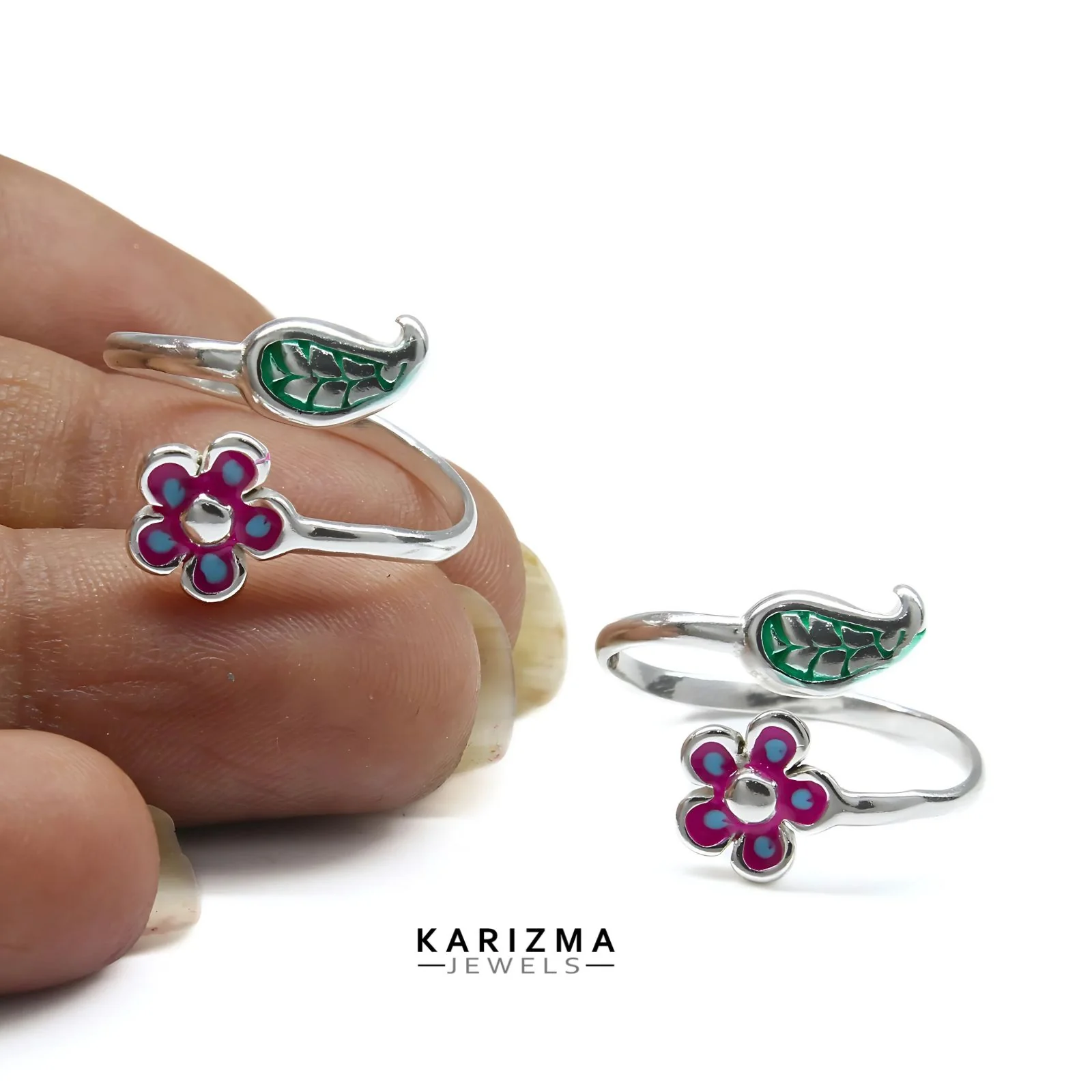 925 Real Sterling Silver women Adjustable Excellent Enamel Toe Ring - Pair - Image 3