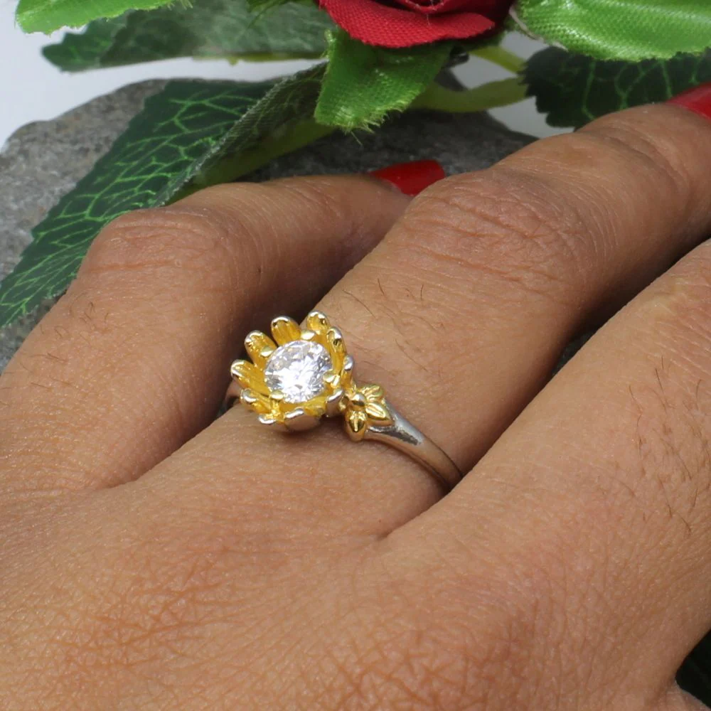 925 Solid Silver Sunflower White CZ Two-Tone Ring