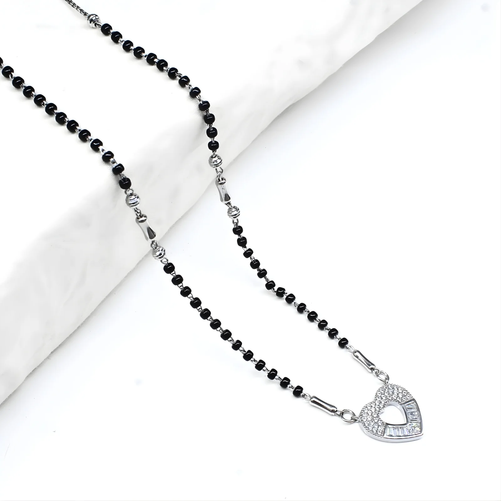 925 Sterling Silver CZ Heart  Black Beads Mangalsutra women chain for wife