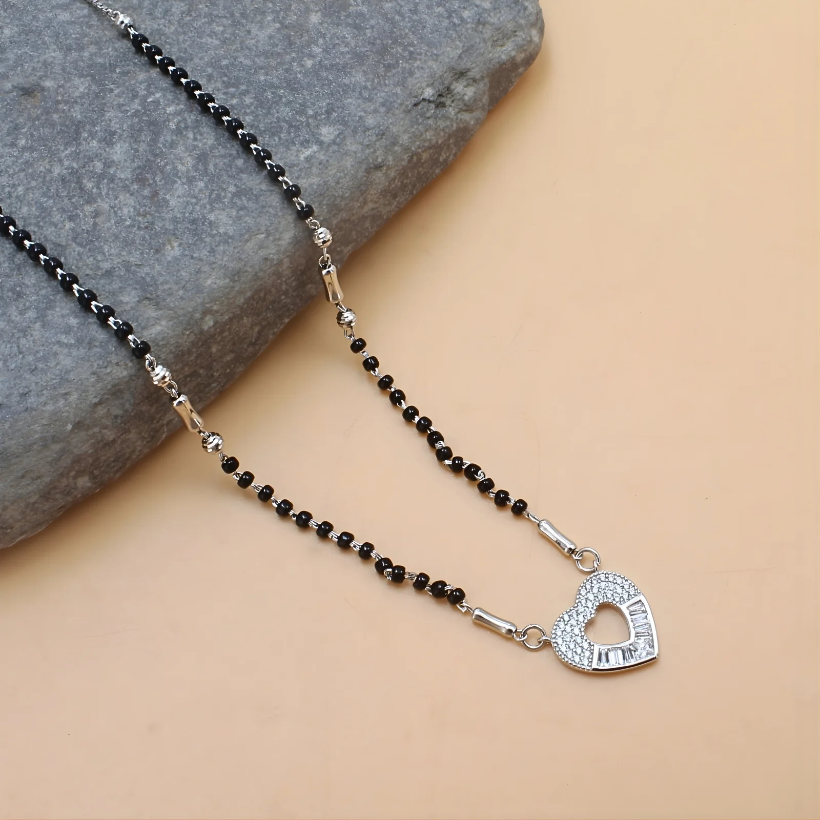 925 Sterling Silver CZ Heart  Black Beads Mangalsutra women chain for wife - Image 4