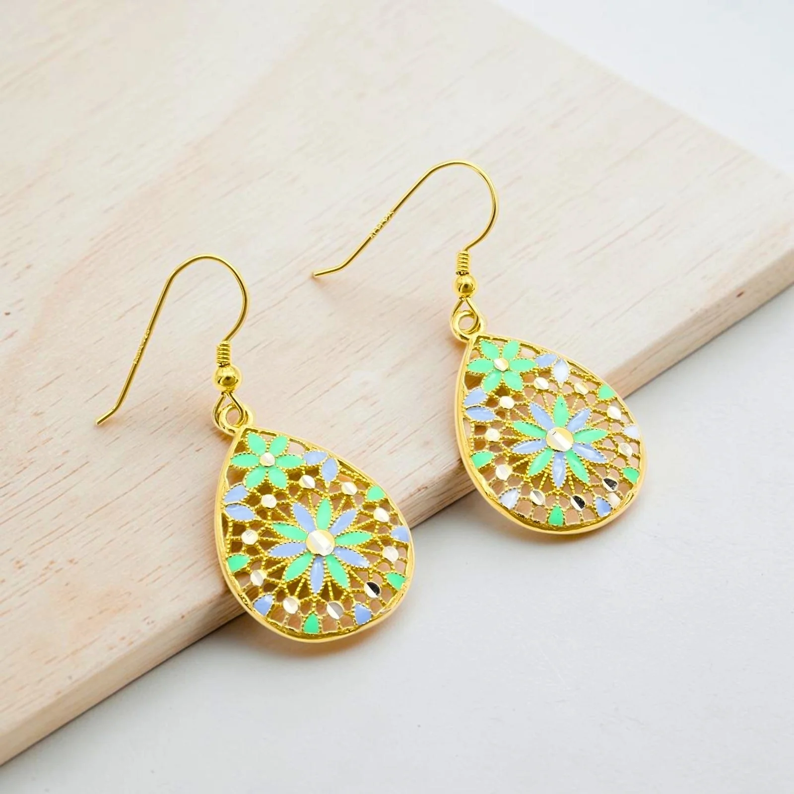 925 Sterling Silver Gold Tone Floral Drop Earrings