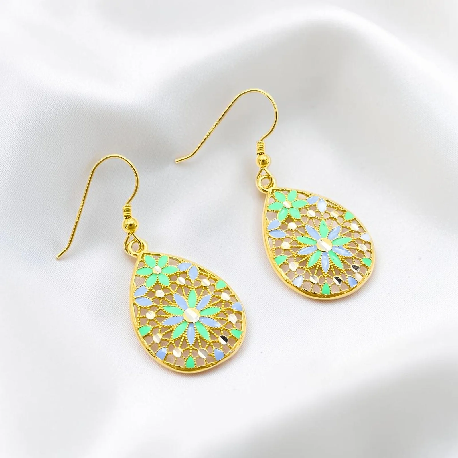 925 Sterling Silver Gold Tone Floral Drop Earrings - Image 2