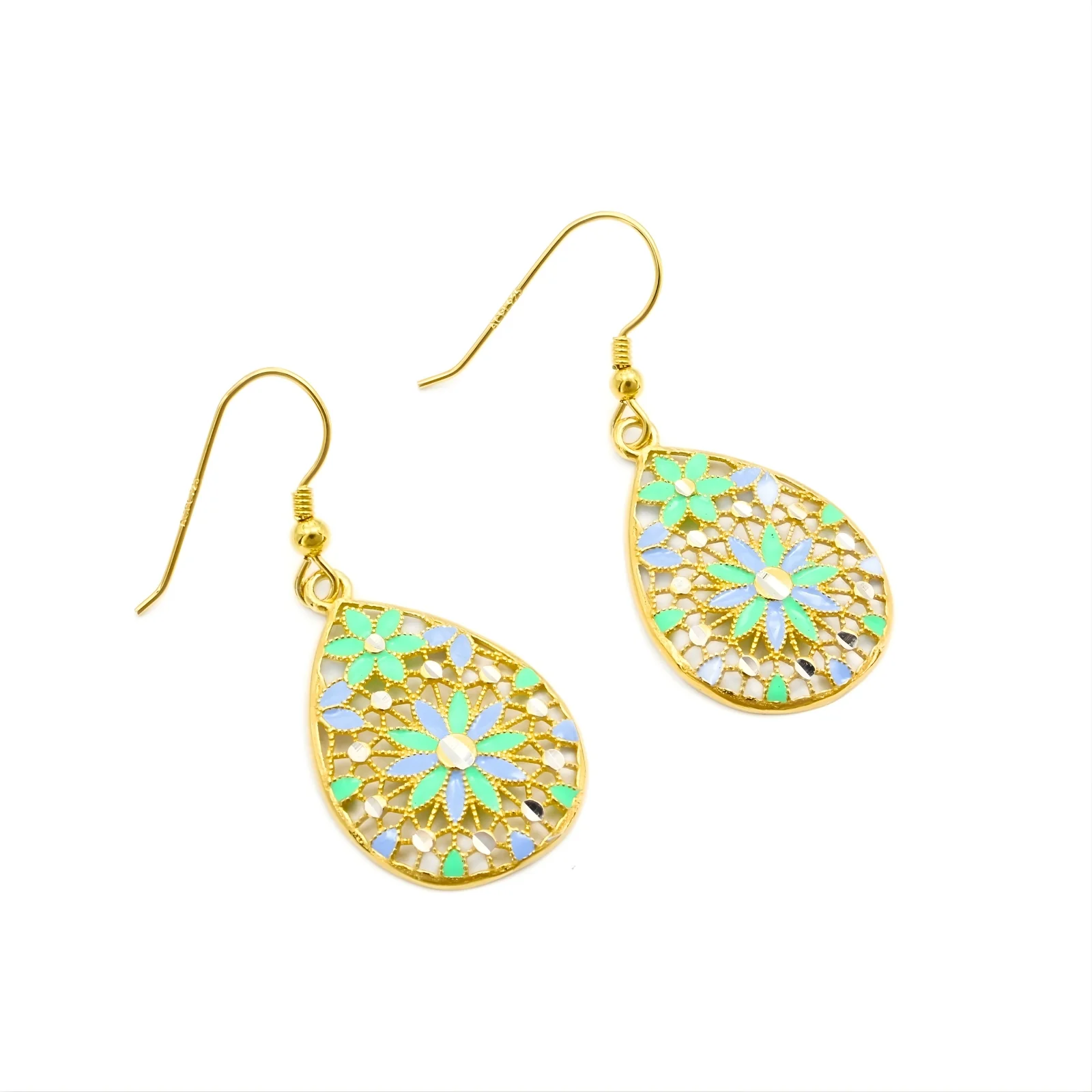 925 Sterling Silver Gold Tone Floral Drop Earrings - Image 3