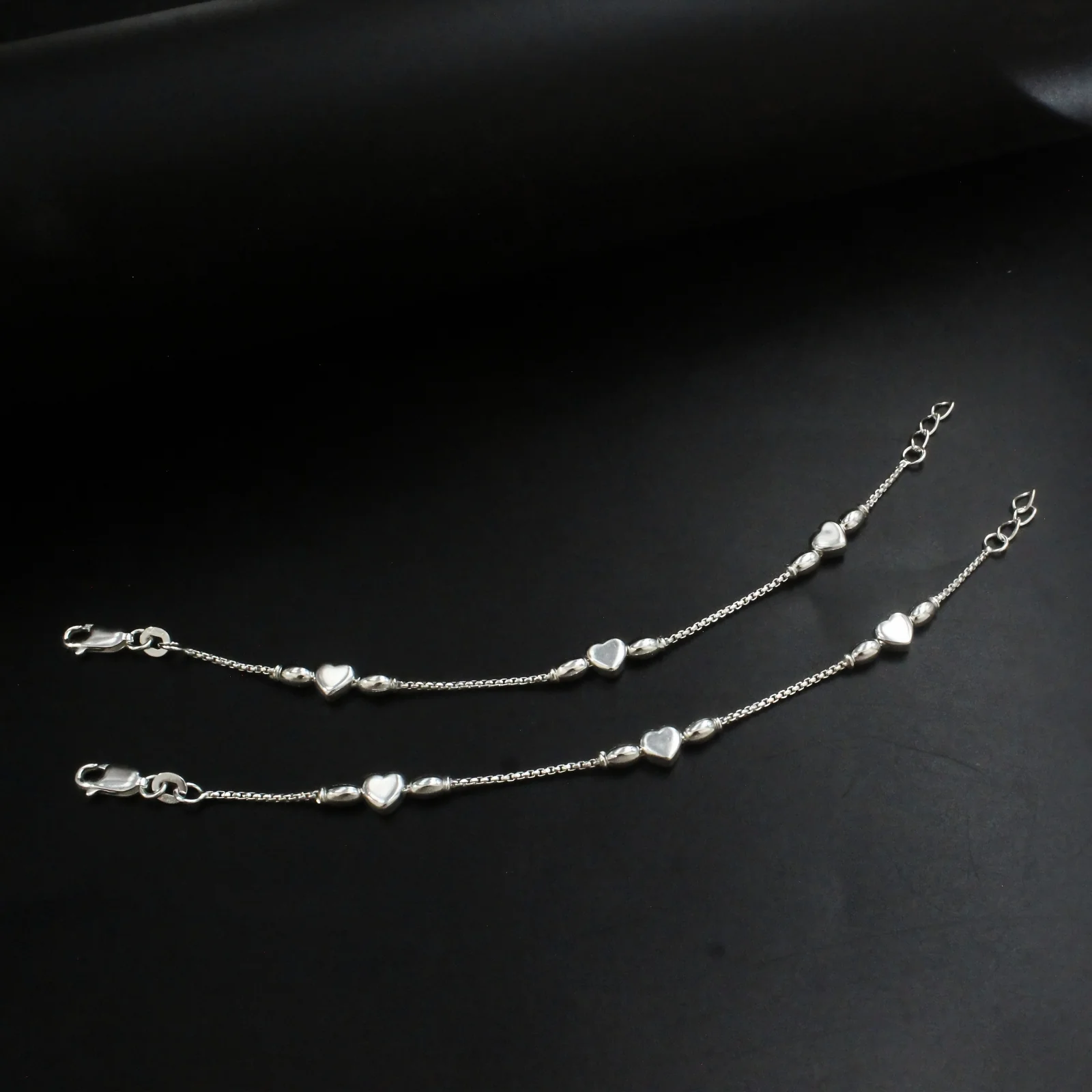 925 Sterling Silver Heart Charm Kids Anklet Pair- 6"