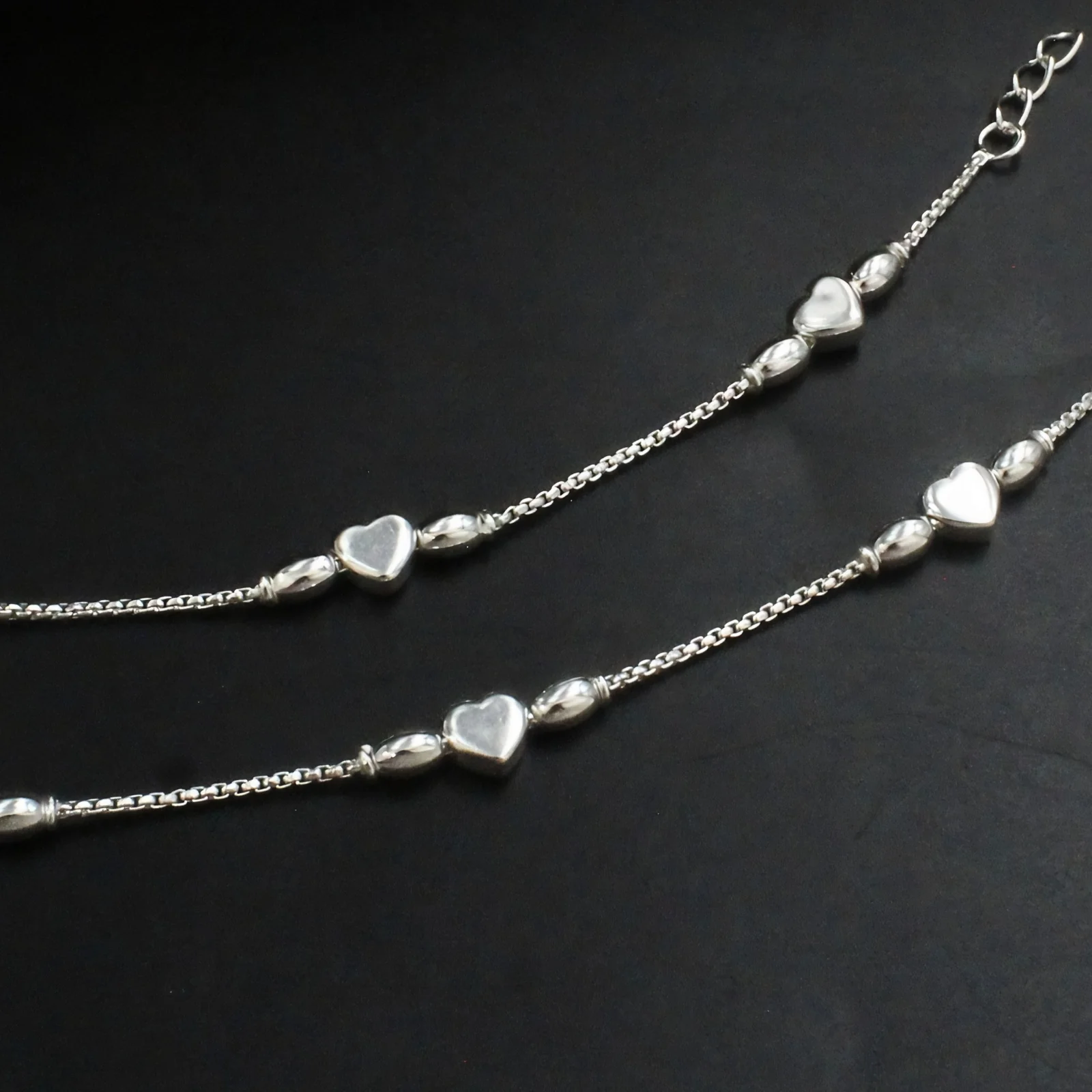 925 Sterling Silver Heart Charm Kids Anklet Pair- 6" - Image 3