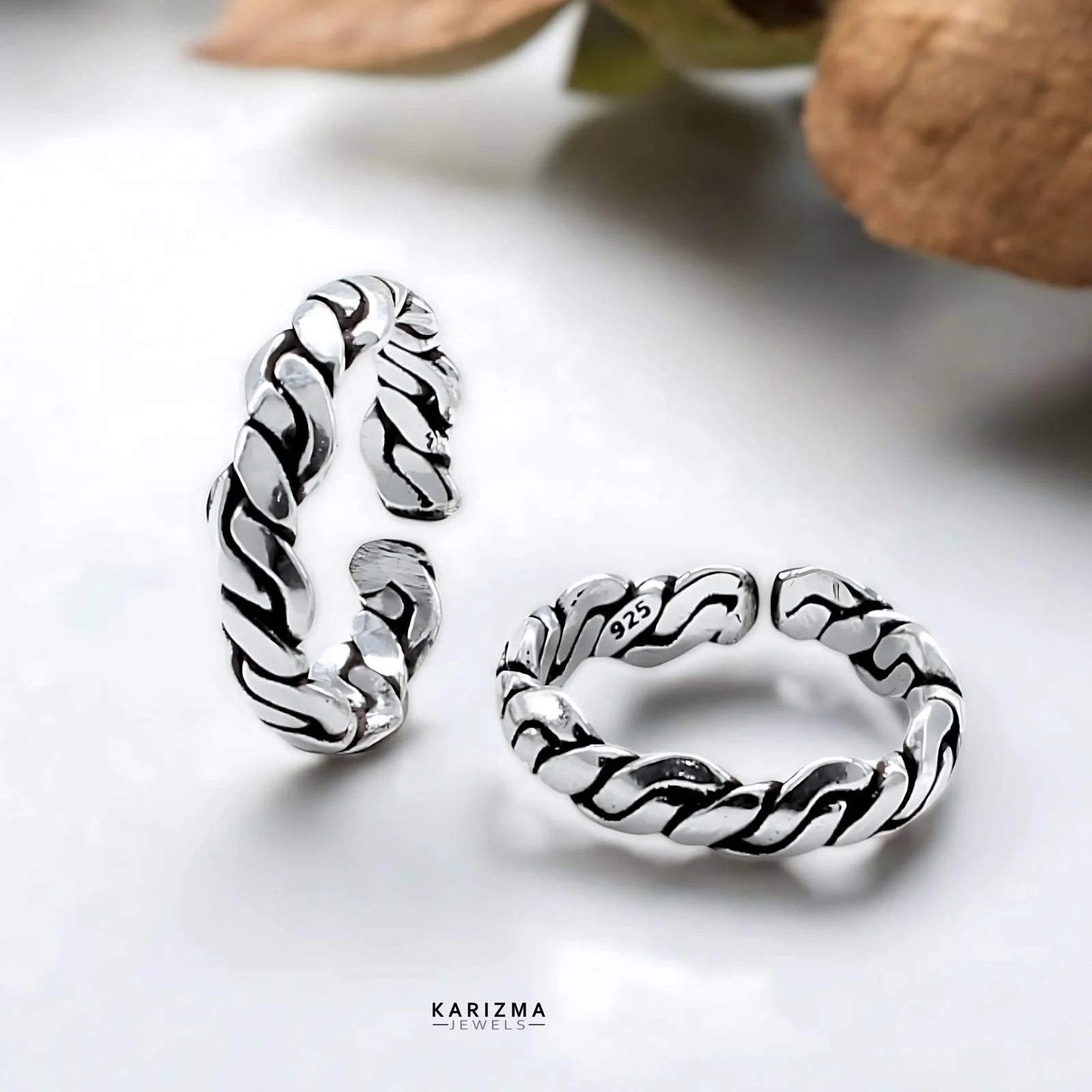 925 Sterling Silver Indian Rope Twist Antique Adjustable women foot toe rings band - Pair - Image 2