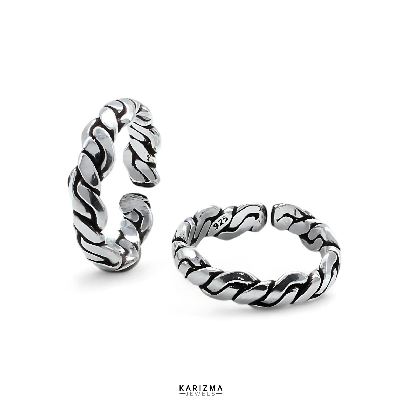 925 Sterling Silver Indian Rope Twist Antique Adjustable women foot toe rings band - Pair - Image 3
