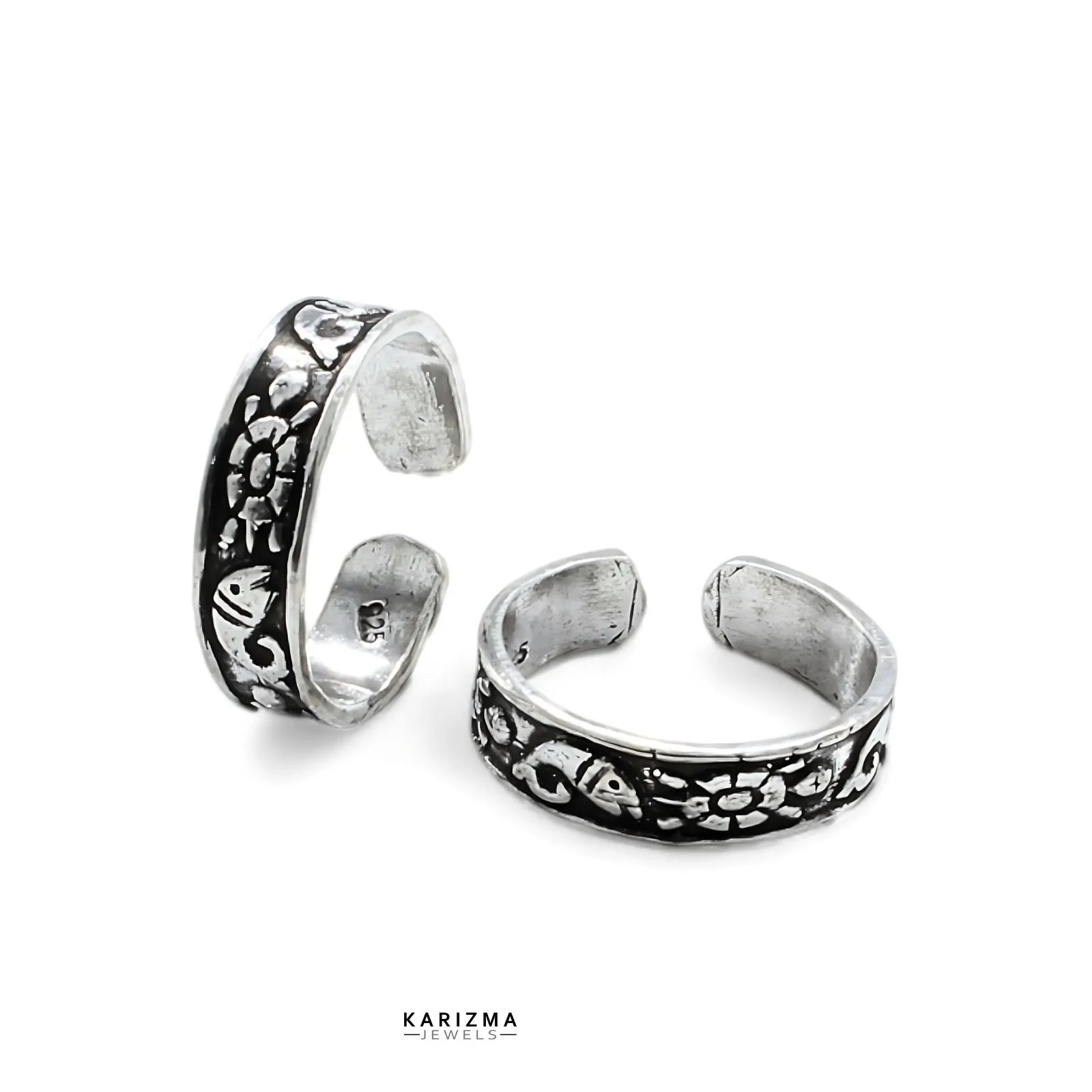 925 Sterling Silver Indian women Oxidized Fish Design foot toe rings band - Pair - Image 3