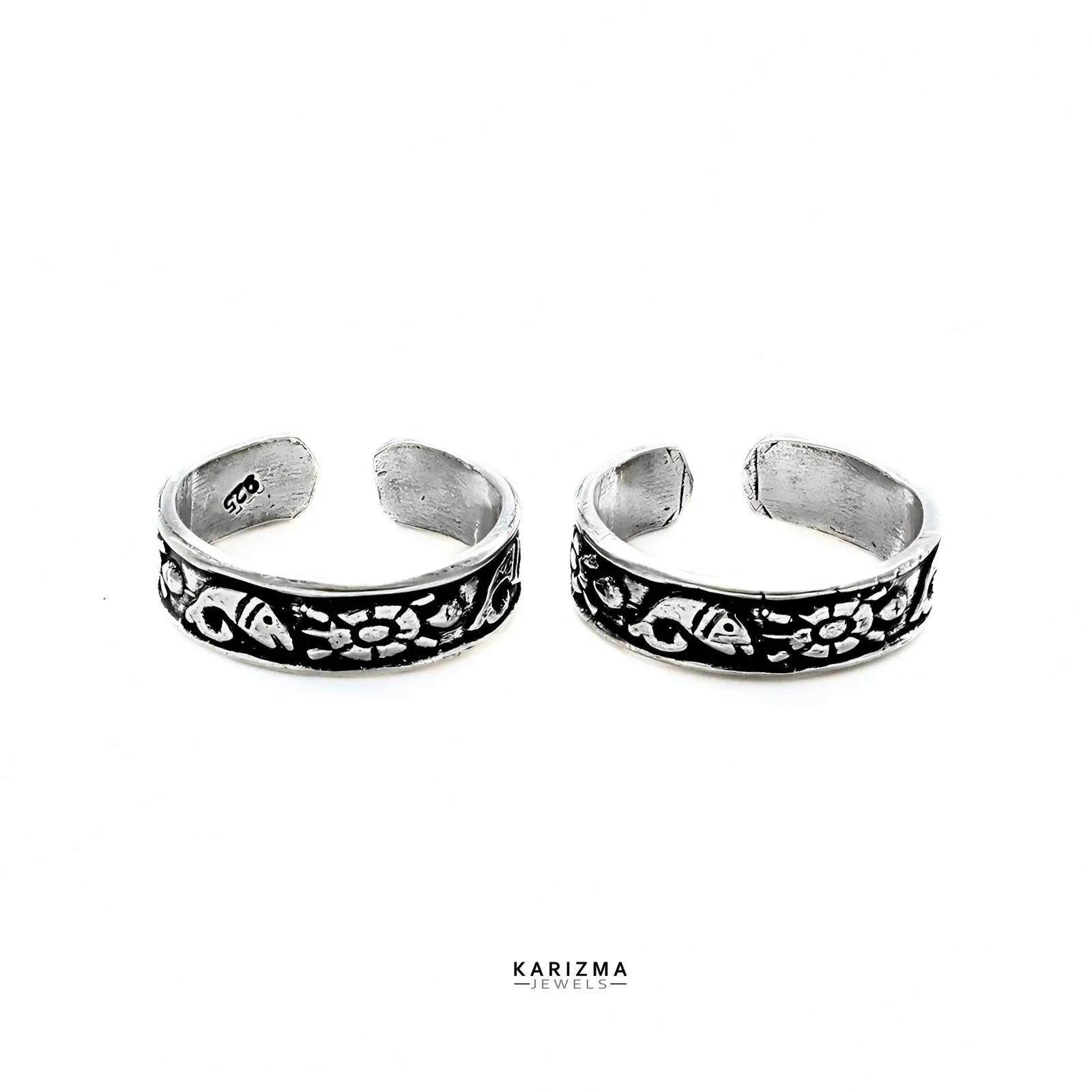 925 Sterling Silver Indian women Oxidized Fish Design foot toe rings band - Pair - Image 4